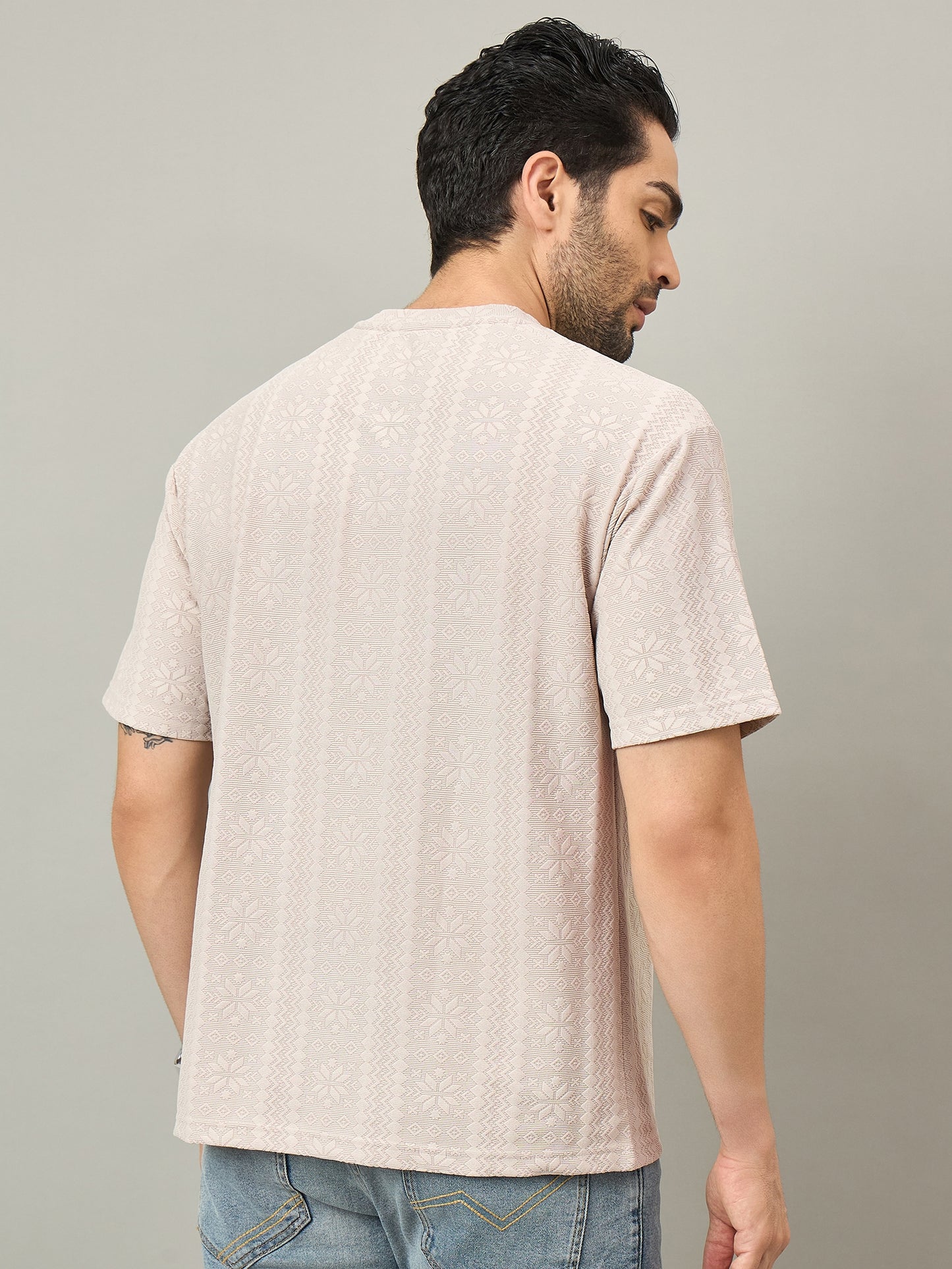 Men Oversized Round Neck Drop Shoulder T-shirt Cream