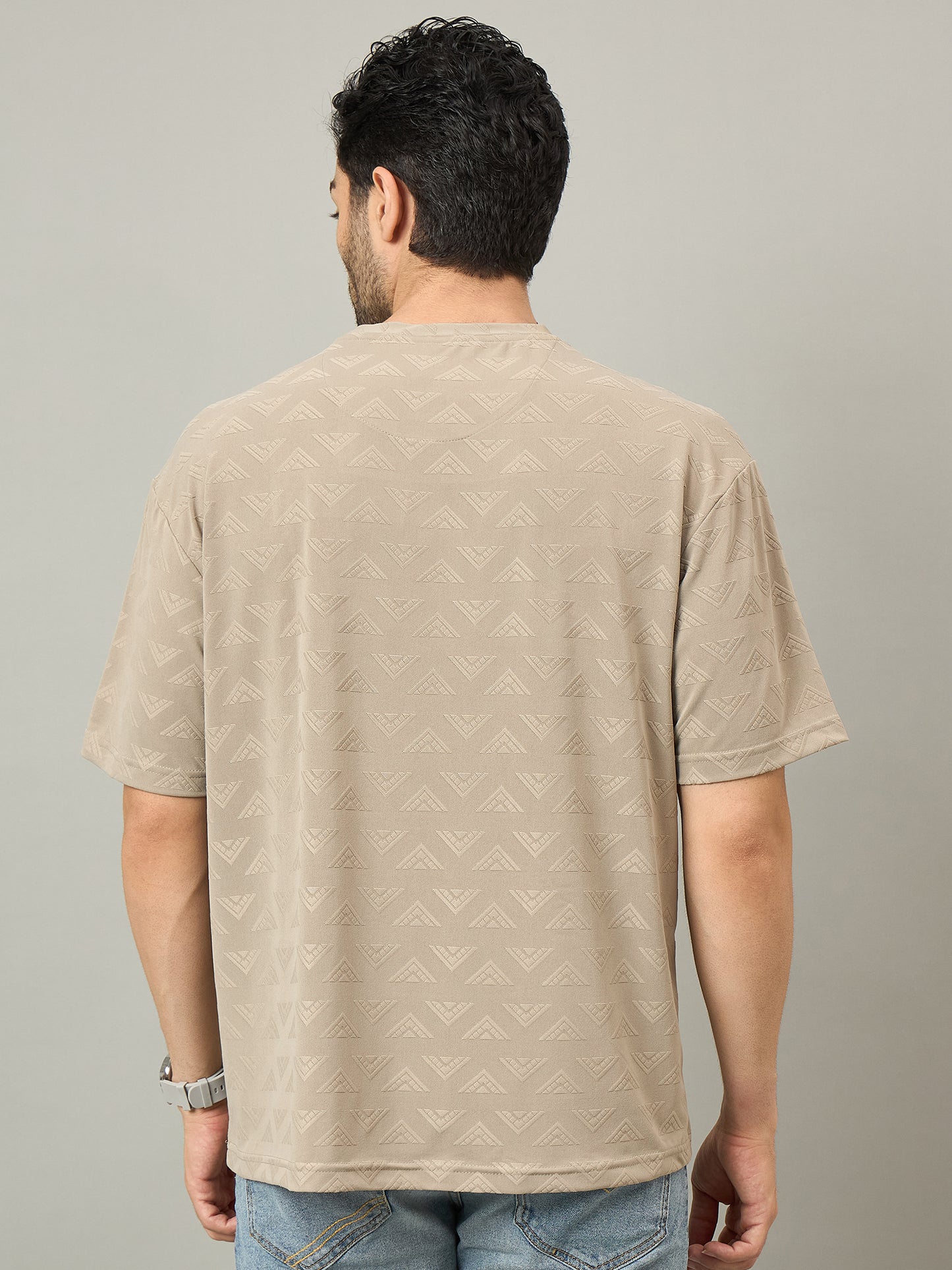 Men Oversized Round Neck Drop Shoulder T-shirt Beige