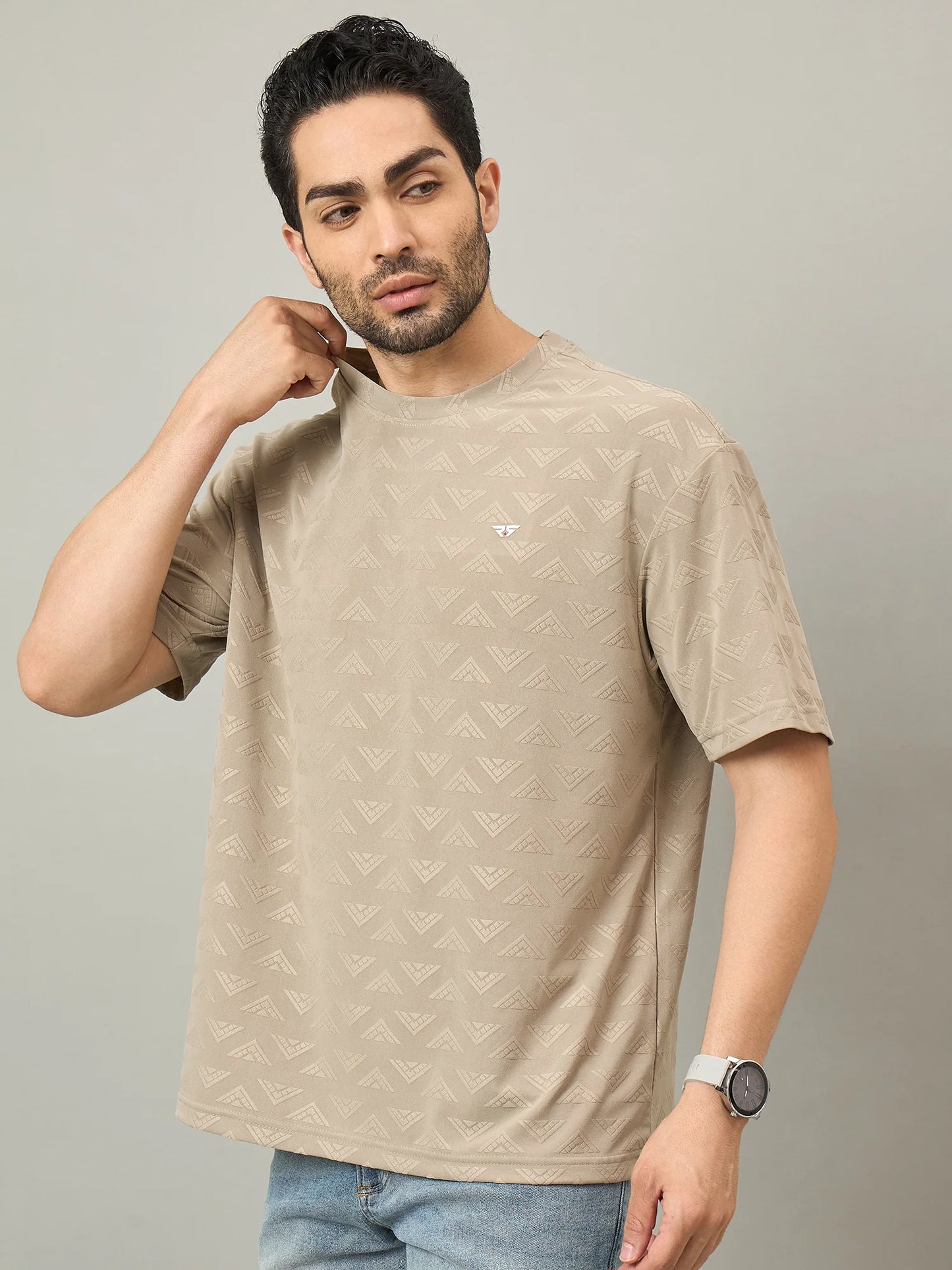 Men Oversized Round Neck Drop Shoulder T-shirt Beige