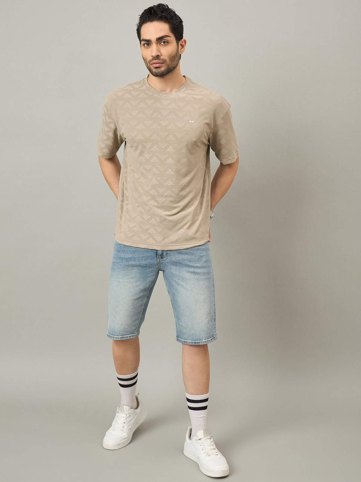 Men Oversized Round Neck Drop Shoulder T-shirt Beige
