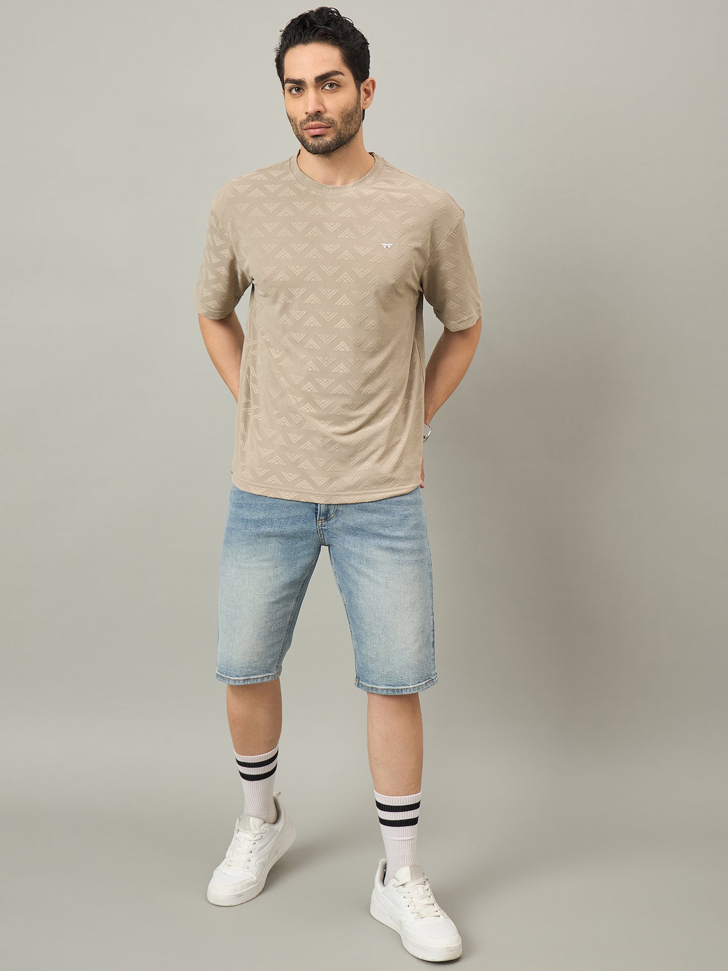Men Oversized Round Neck Drop Shoulder T-shirt Beige