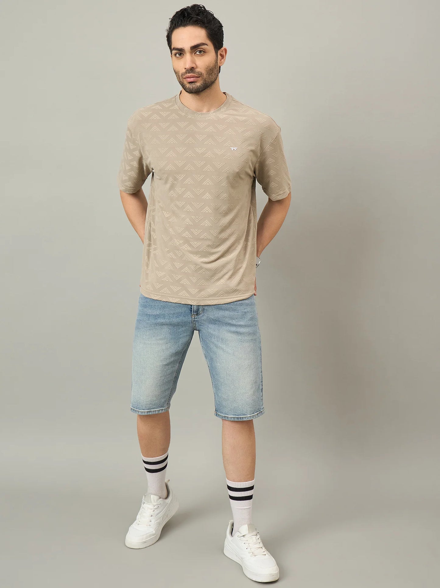 Men Oversized Round Neck Drop Shoulder T-shirt Beige