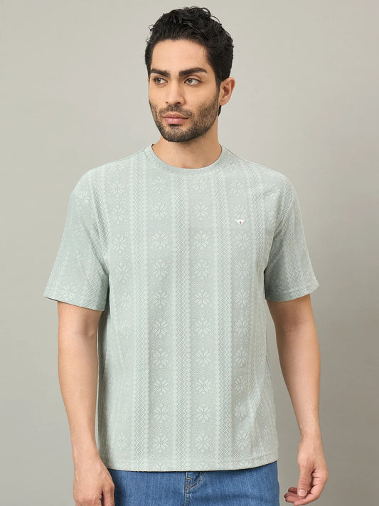 Men Oversized Textured Round Neck Drop Shoulder T-shirt Sage