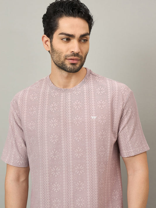 Men Oversized Textured Round Neck Drop Shoulder T-shirt Pink