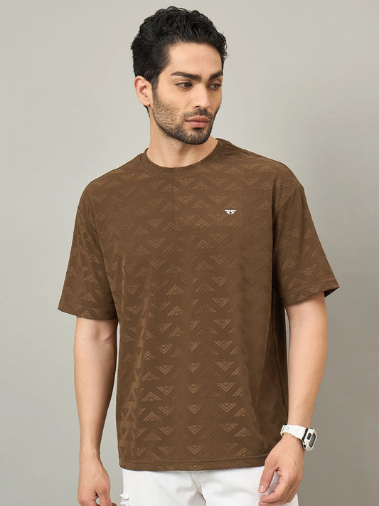 Men Oversized Textured Round Neck T-shirt Brown