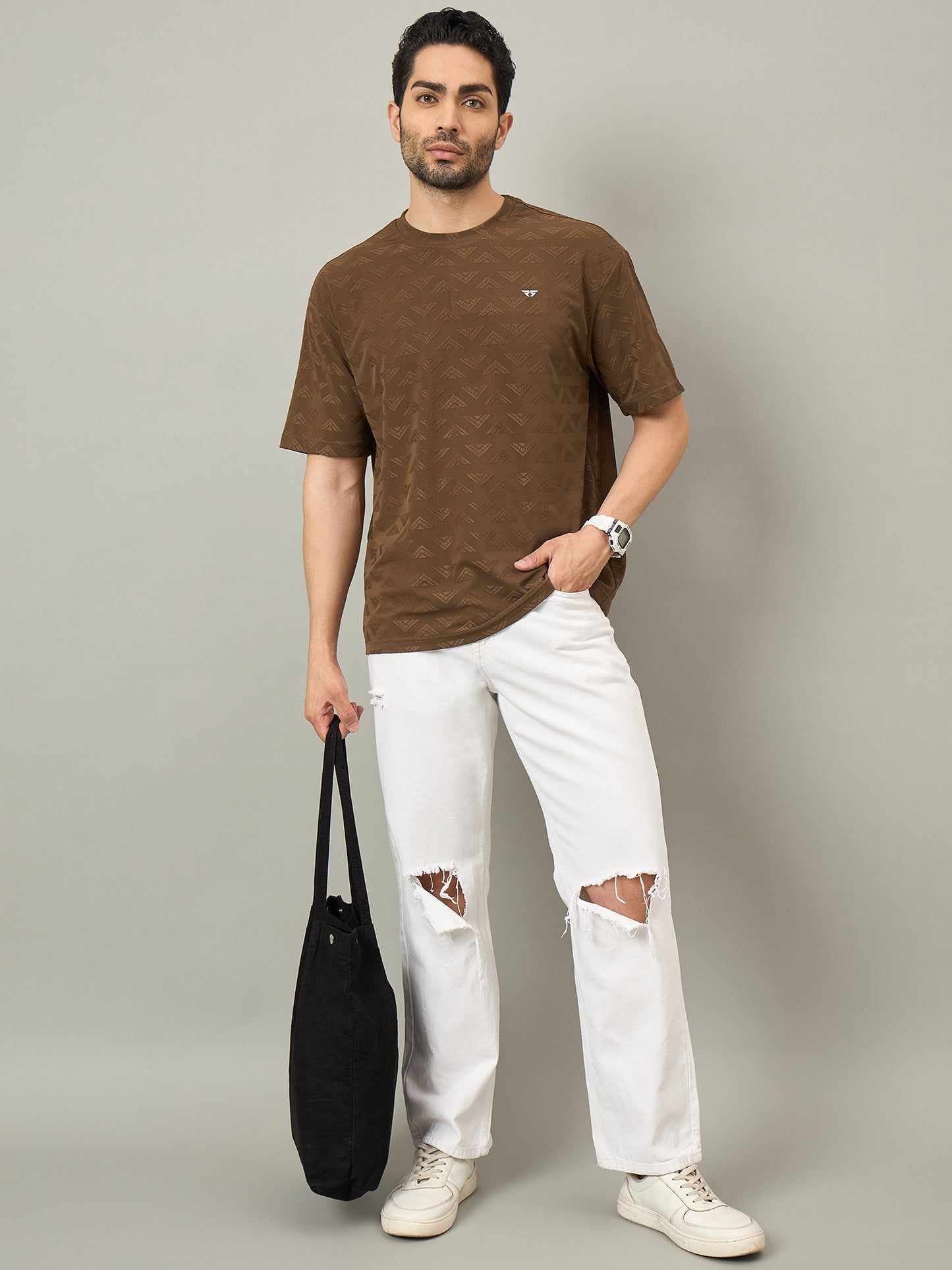 Men Round Neck T-shirt Brown