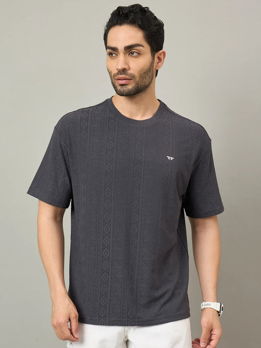 Men Oversized Textured Round Neck Drop Shoulder T-shirt Grey