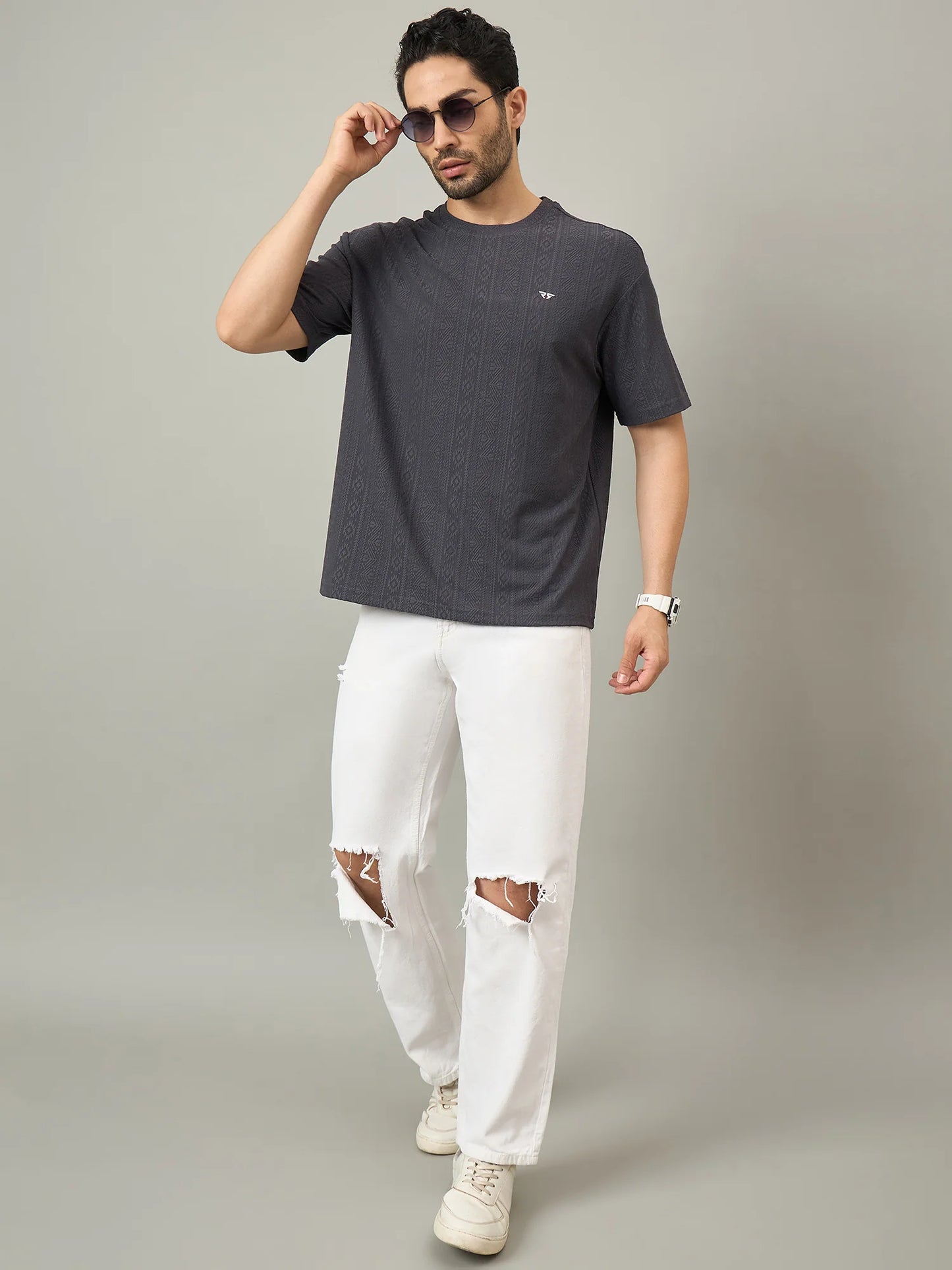 Men Oversized Textured Round Neck Drop Shoulder T-shirt Grey