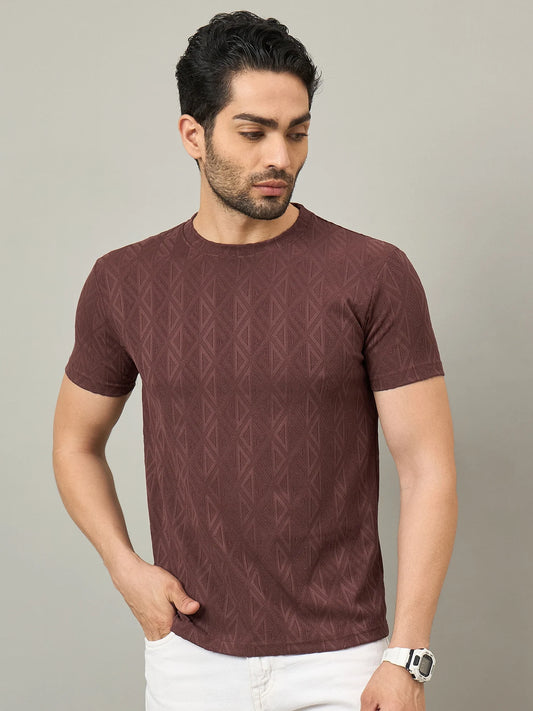 Men Textured Round Neck T-shirt Maroon