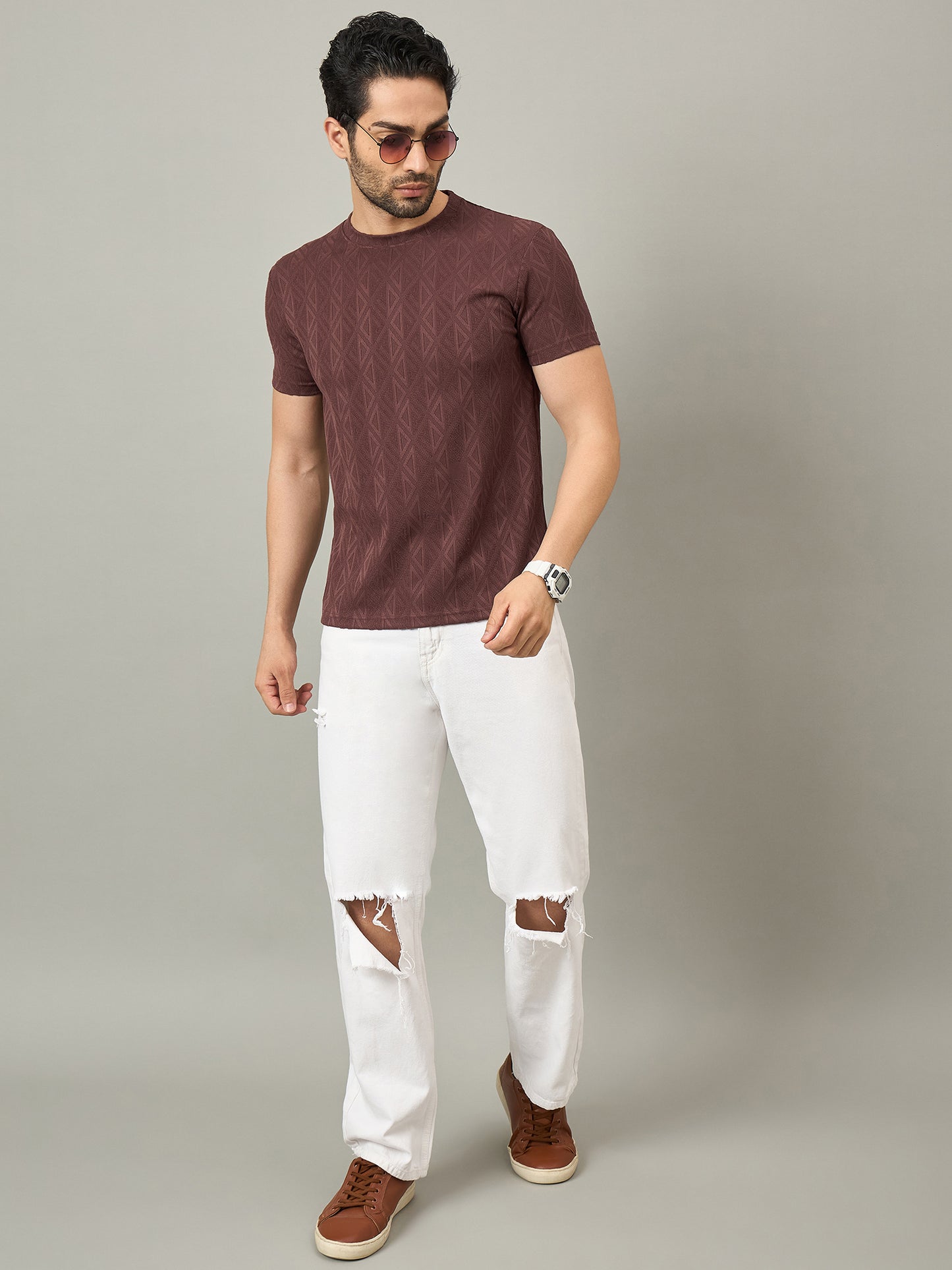 Men Round Neck T-shirt Maroon