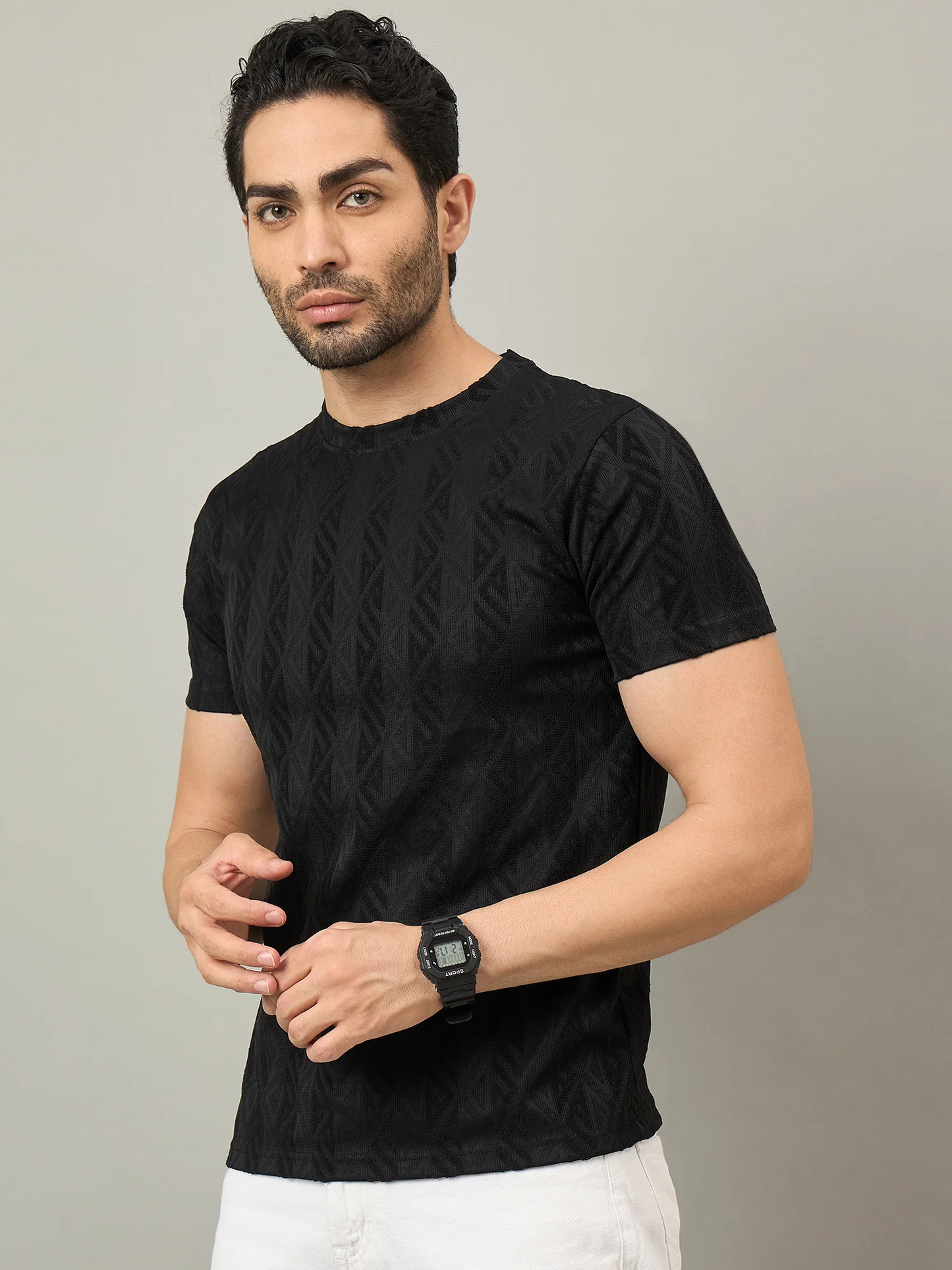 Men Textured Round Neck T-Shirt Black