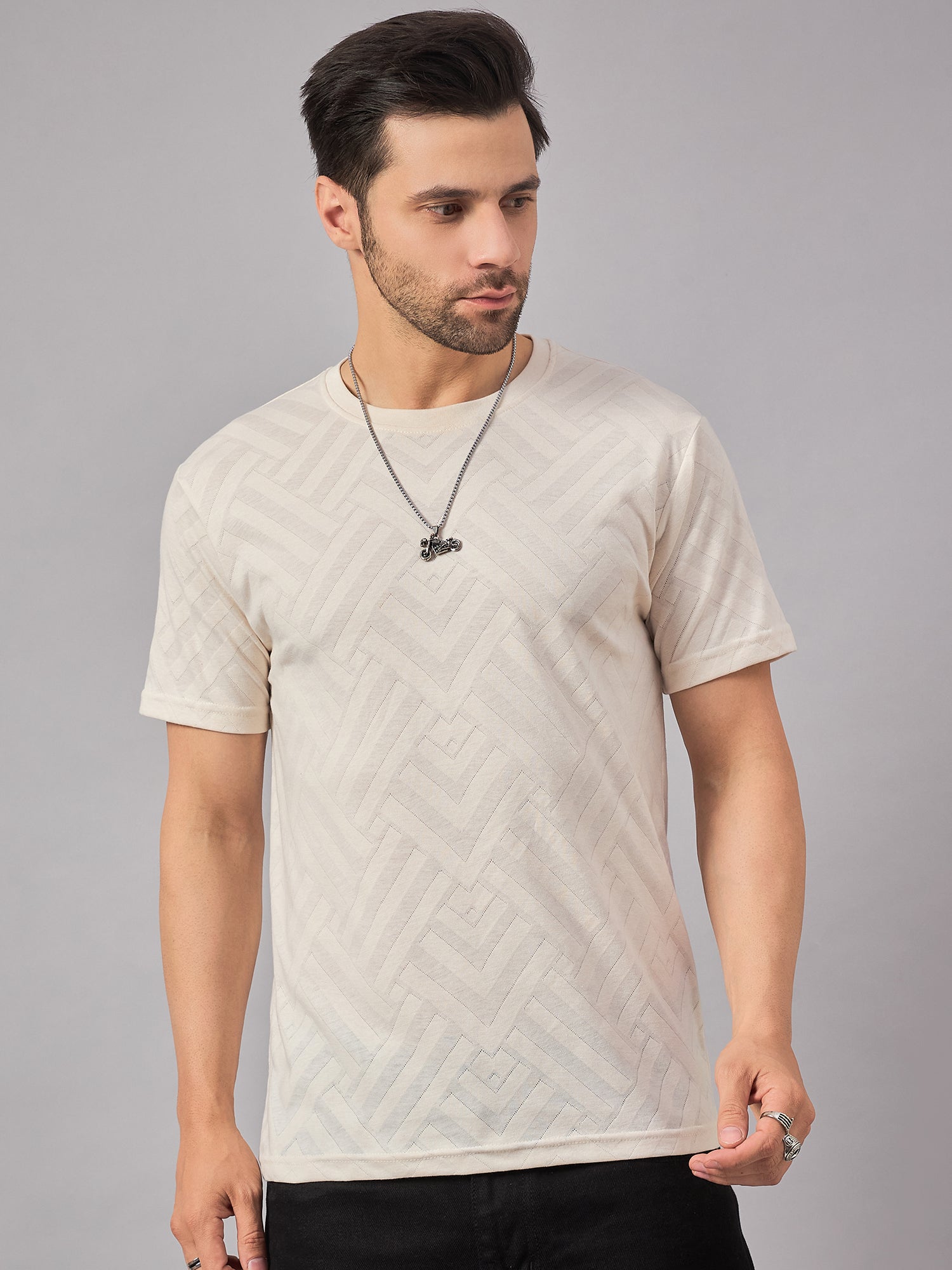 Textured Mens Round Neck TShirt Cream - Reprise