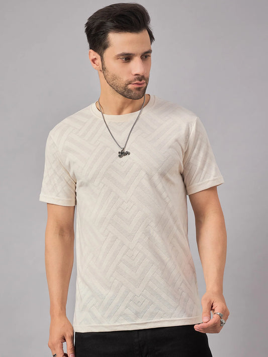 Men Textured Round Neck T-Shirt Cream