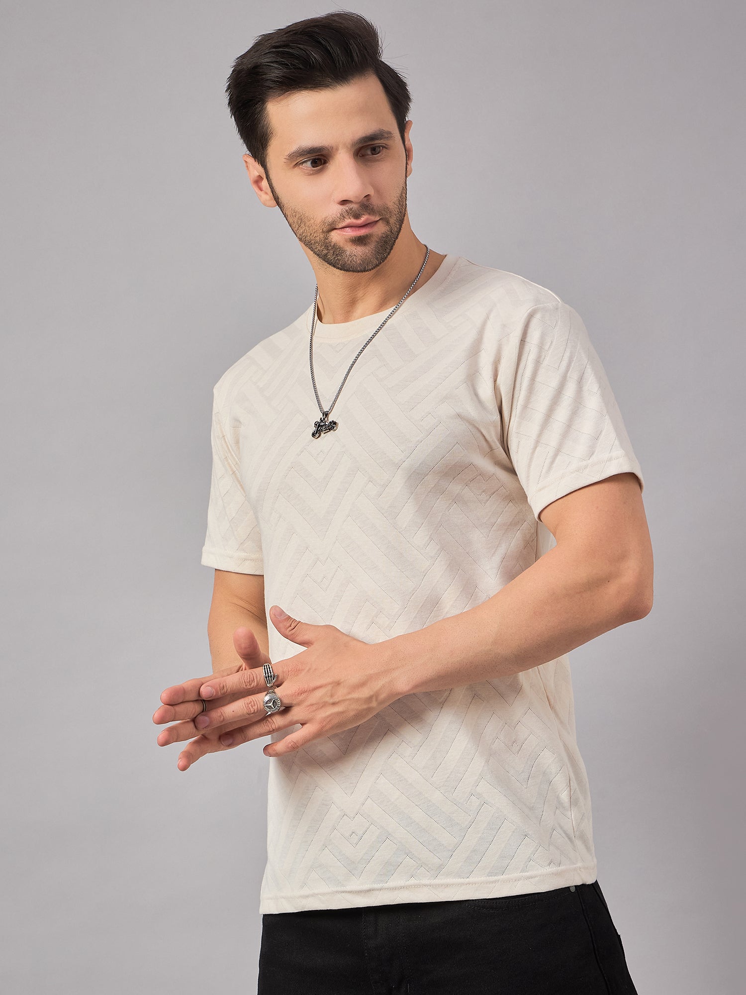 Textured Mens Round Neck TShirt Cream - Reprise