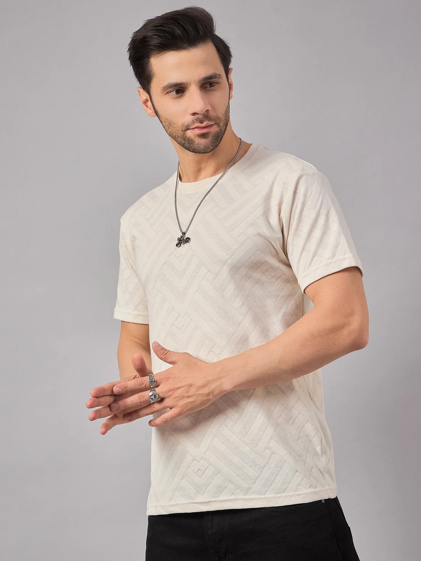 Men Textured Round Neck T-Shirt Cream
