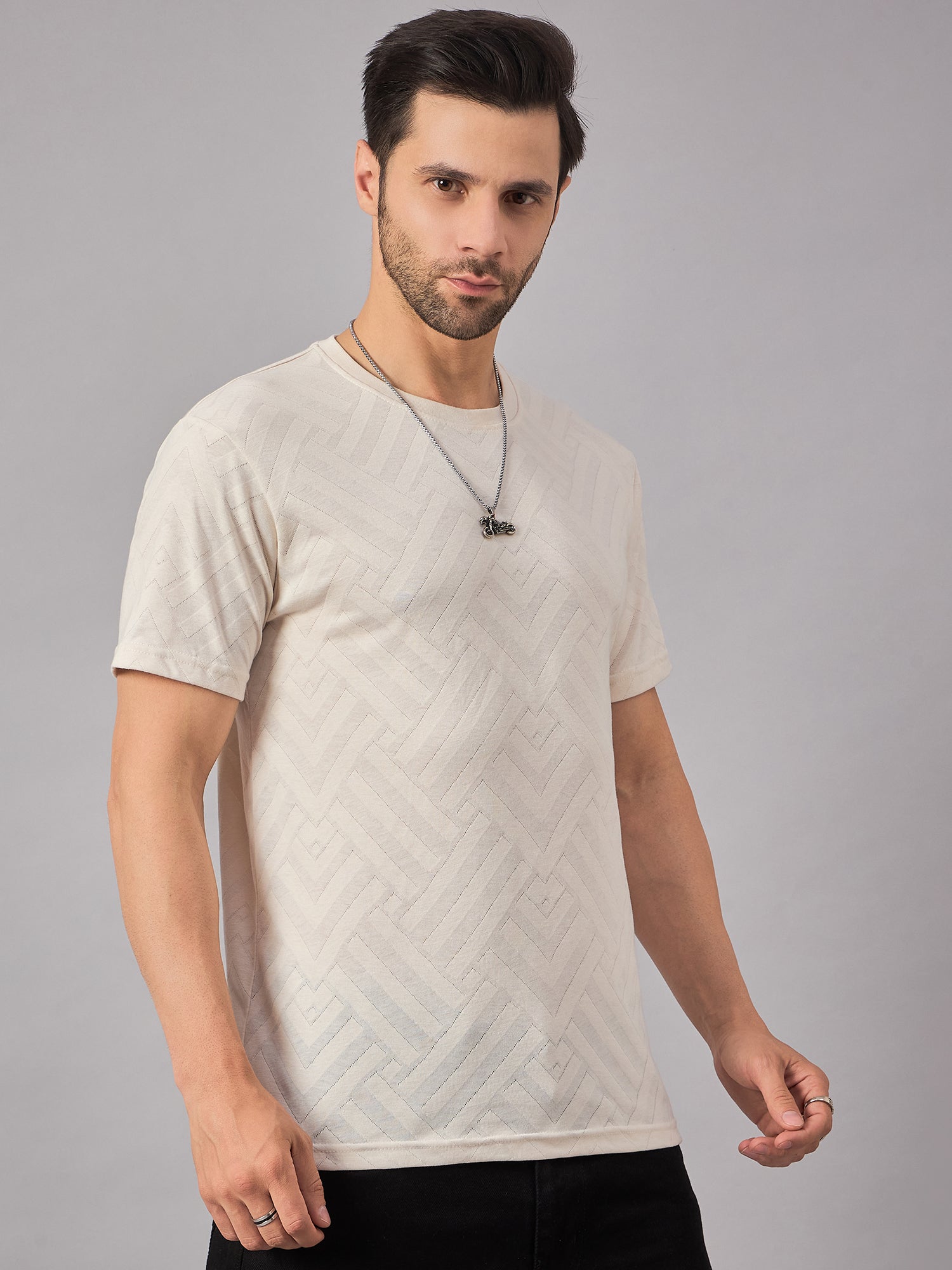 Textured Mens Round Neck TShirt Cream - Reprise