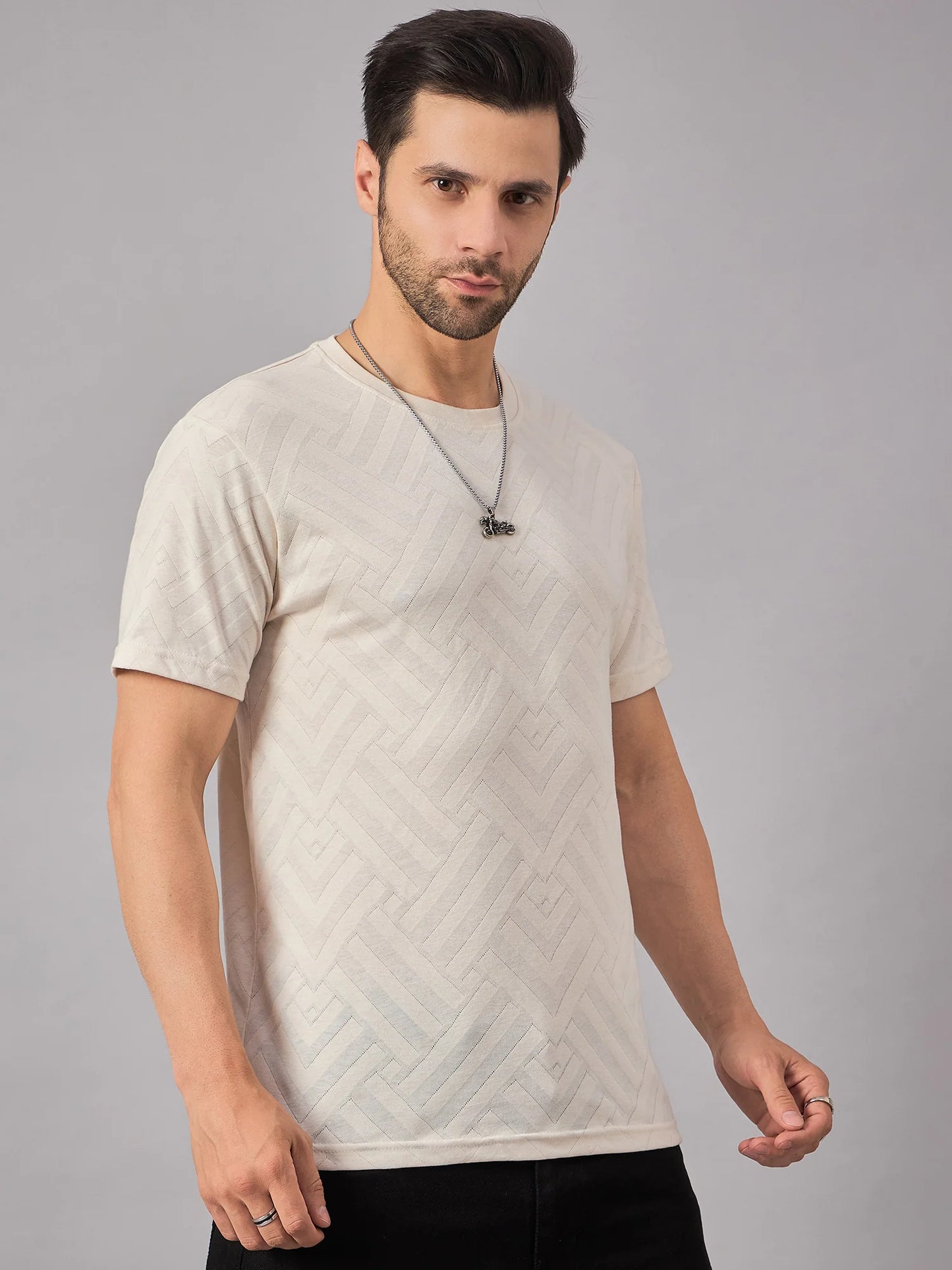Men Textured Round Neck T-Shirt Cream