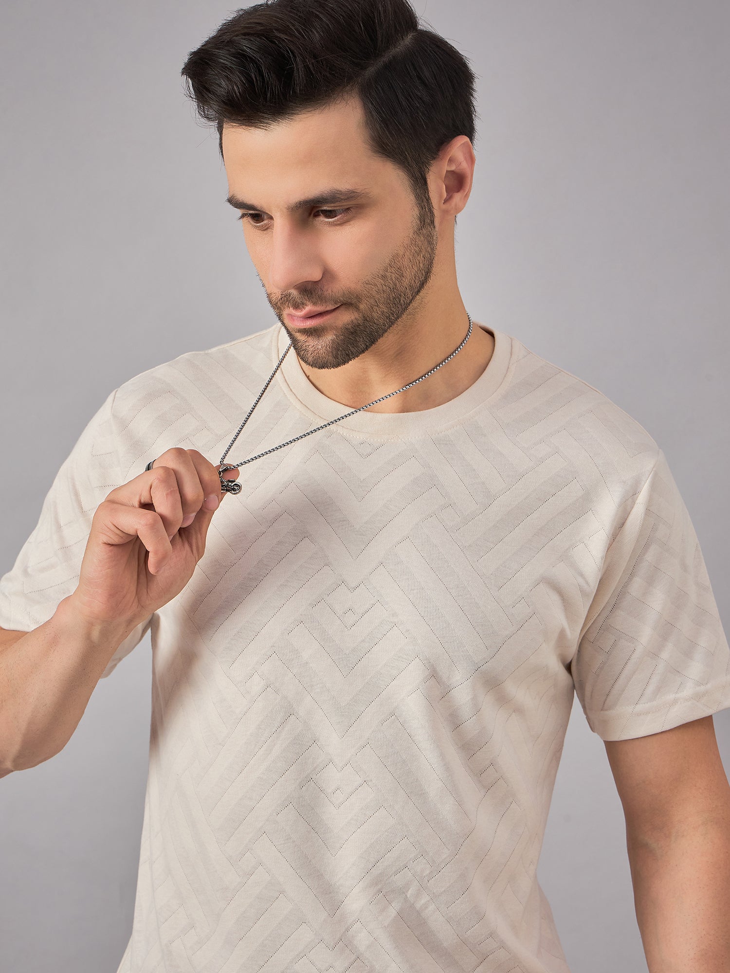 Textured Mens Round Neck TShirt Cream - Reprise