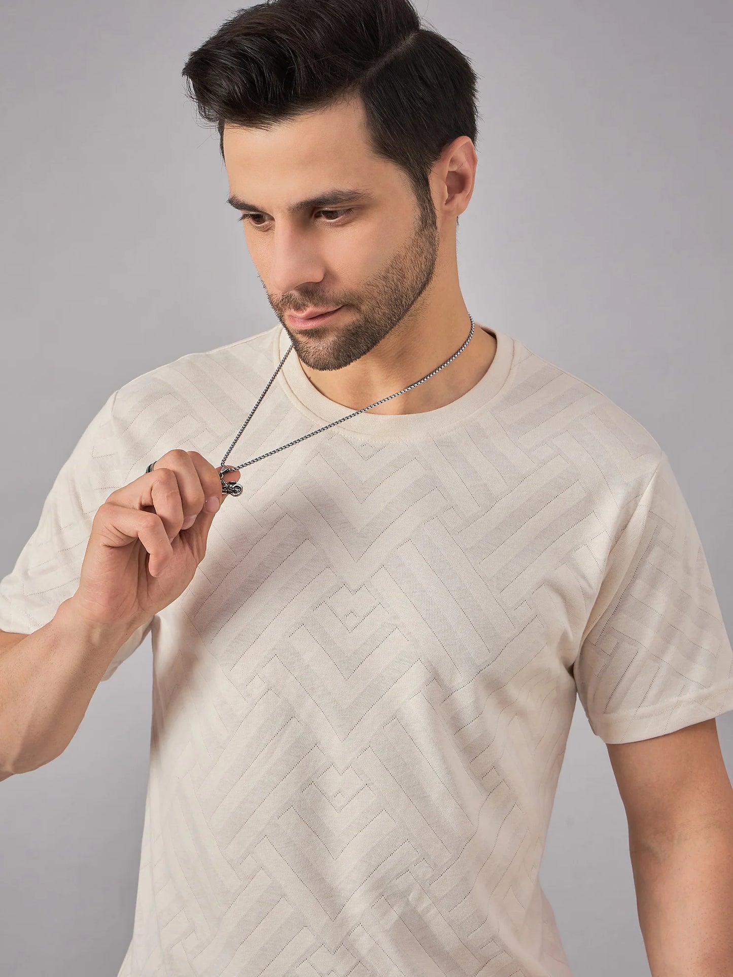 Men Textured Round Neck T-Shirt Cream
