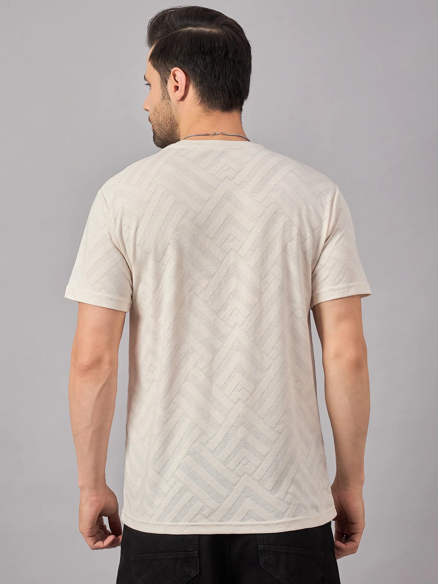 Men Textured Round Neck T-Shirt Cream