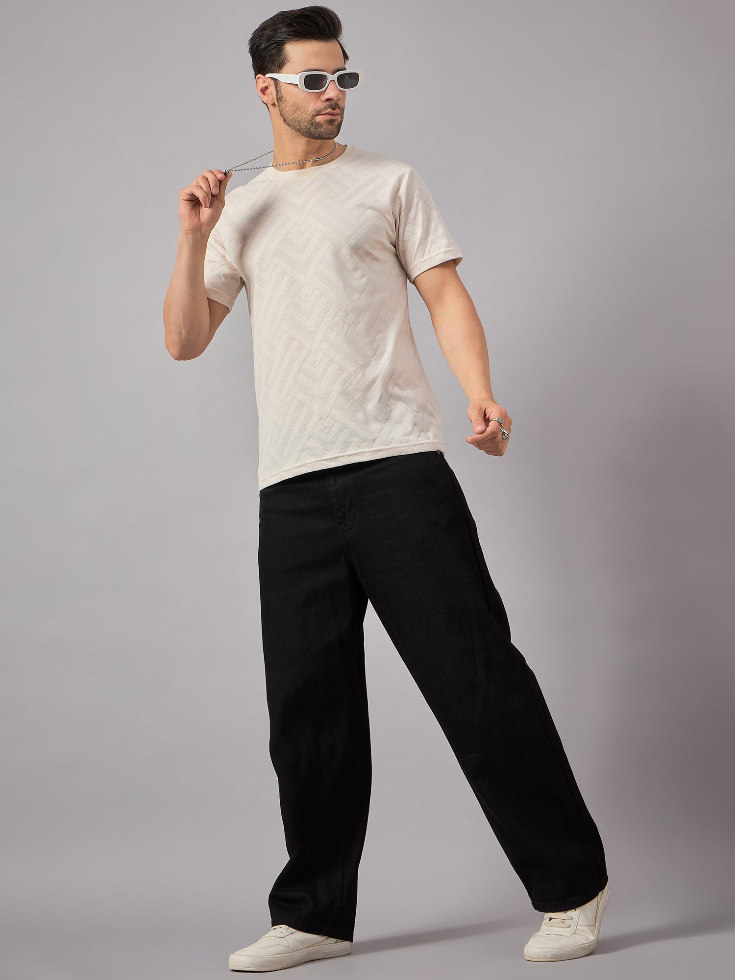 Textured Mens Round Neck TShirt Cream - Reprise