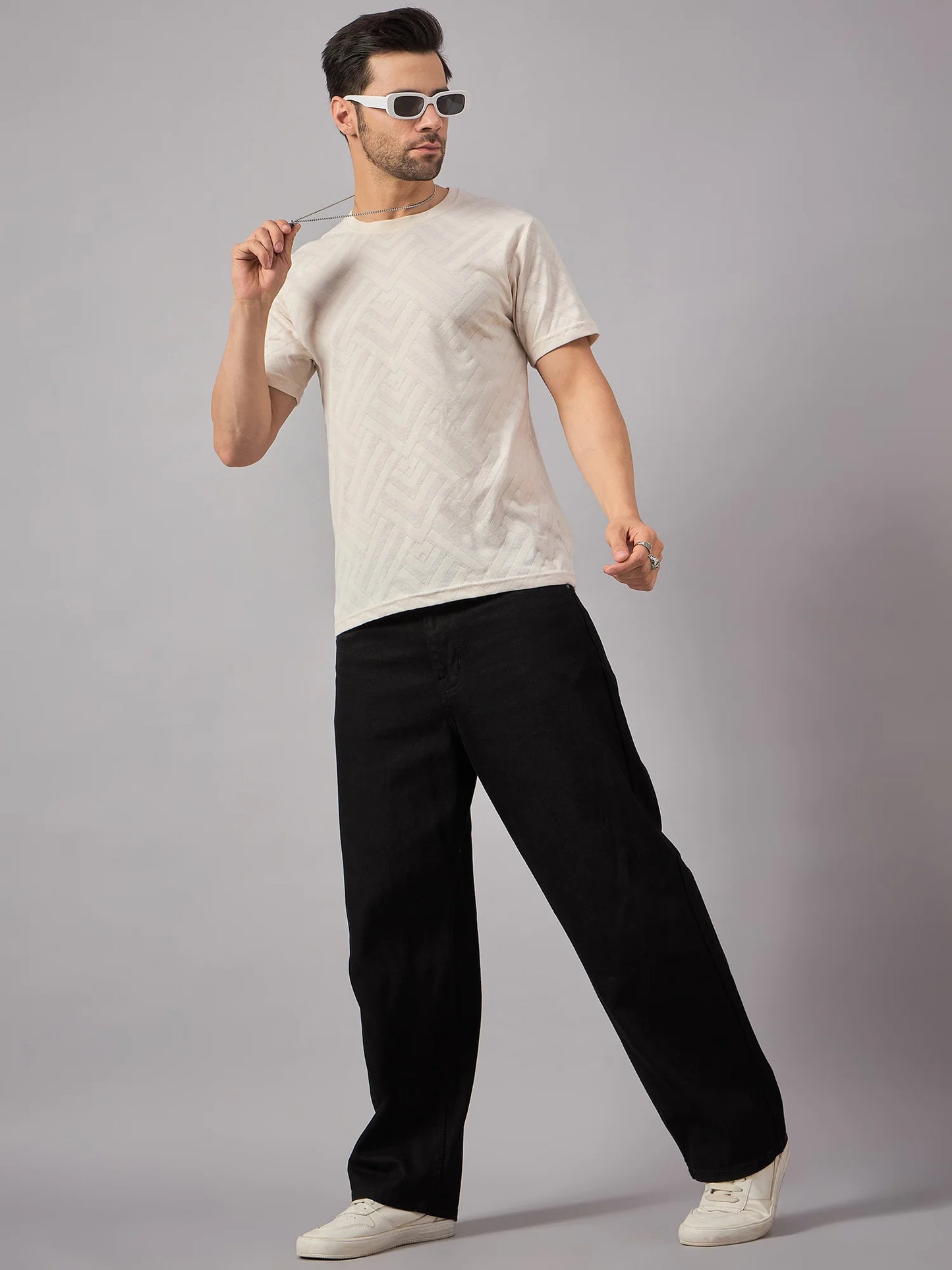 Men Textured Round Neck T-Shirt Cream