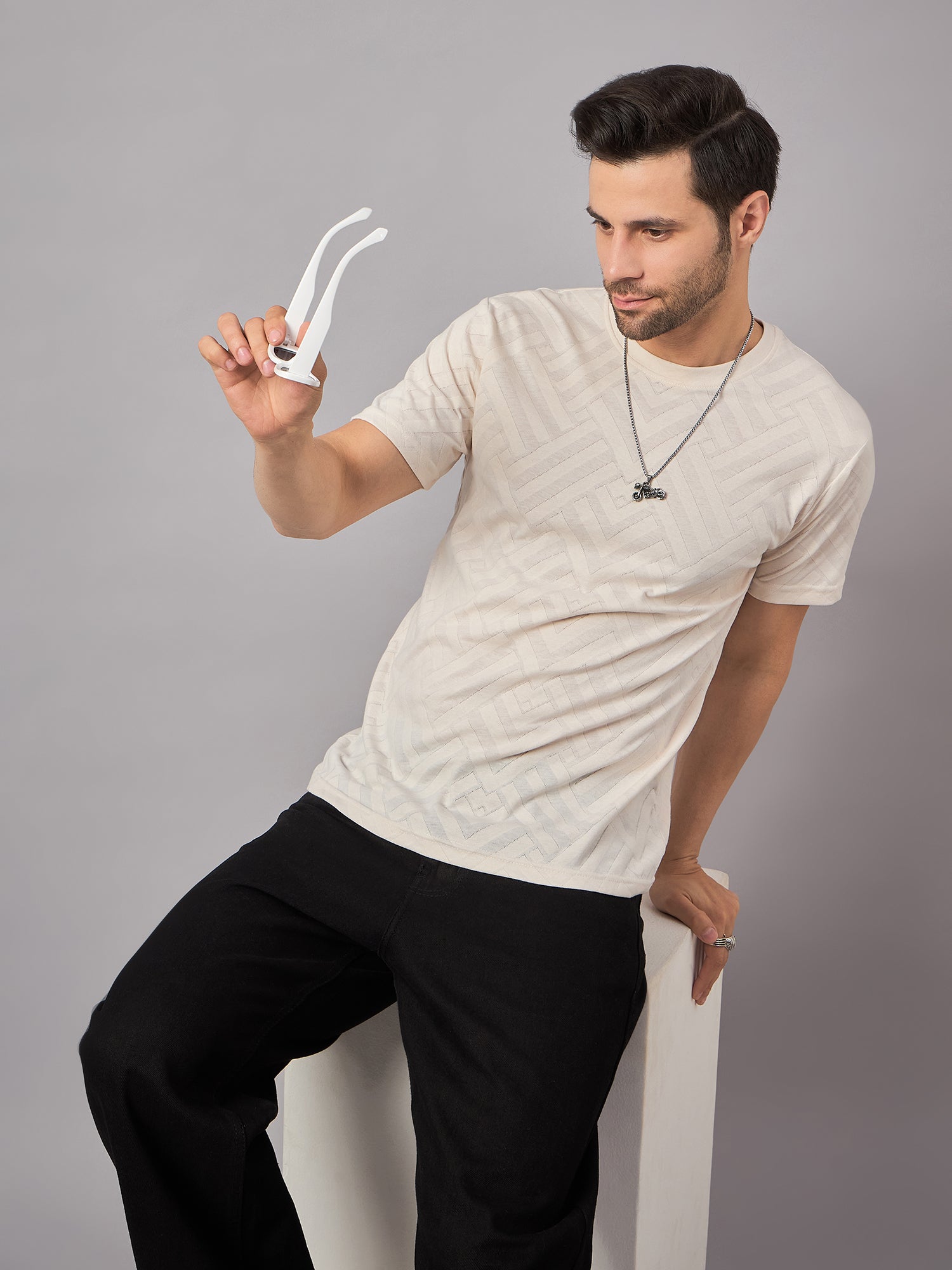 Textured Mens Round Neck TShirt Cream - Reprise