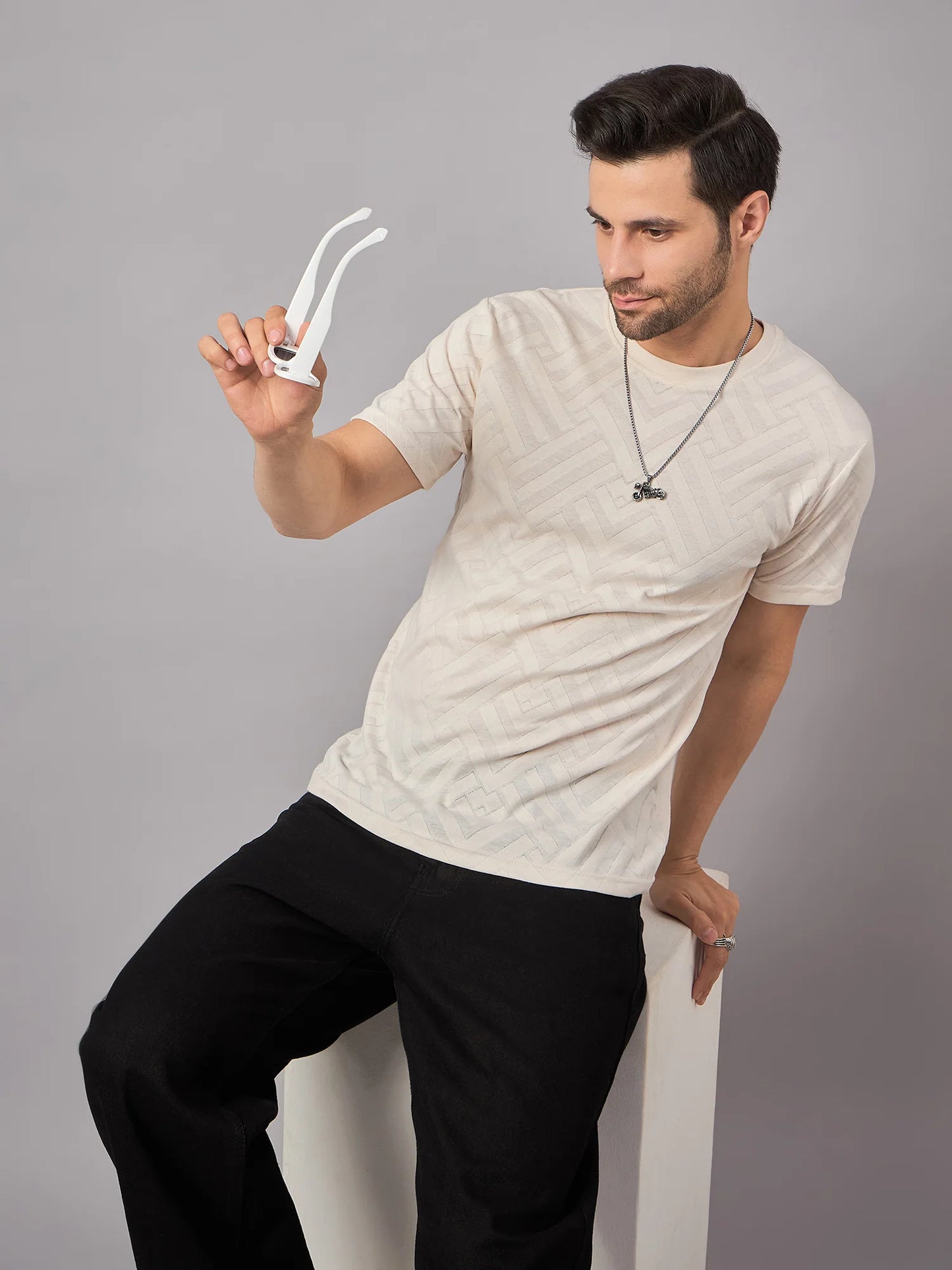 Men Textured Round Neck T-Shirt Cream