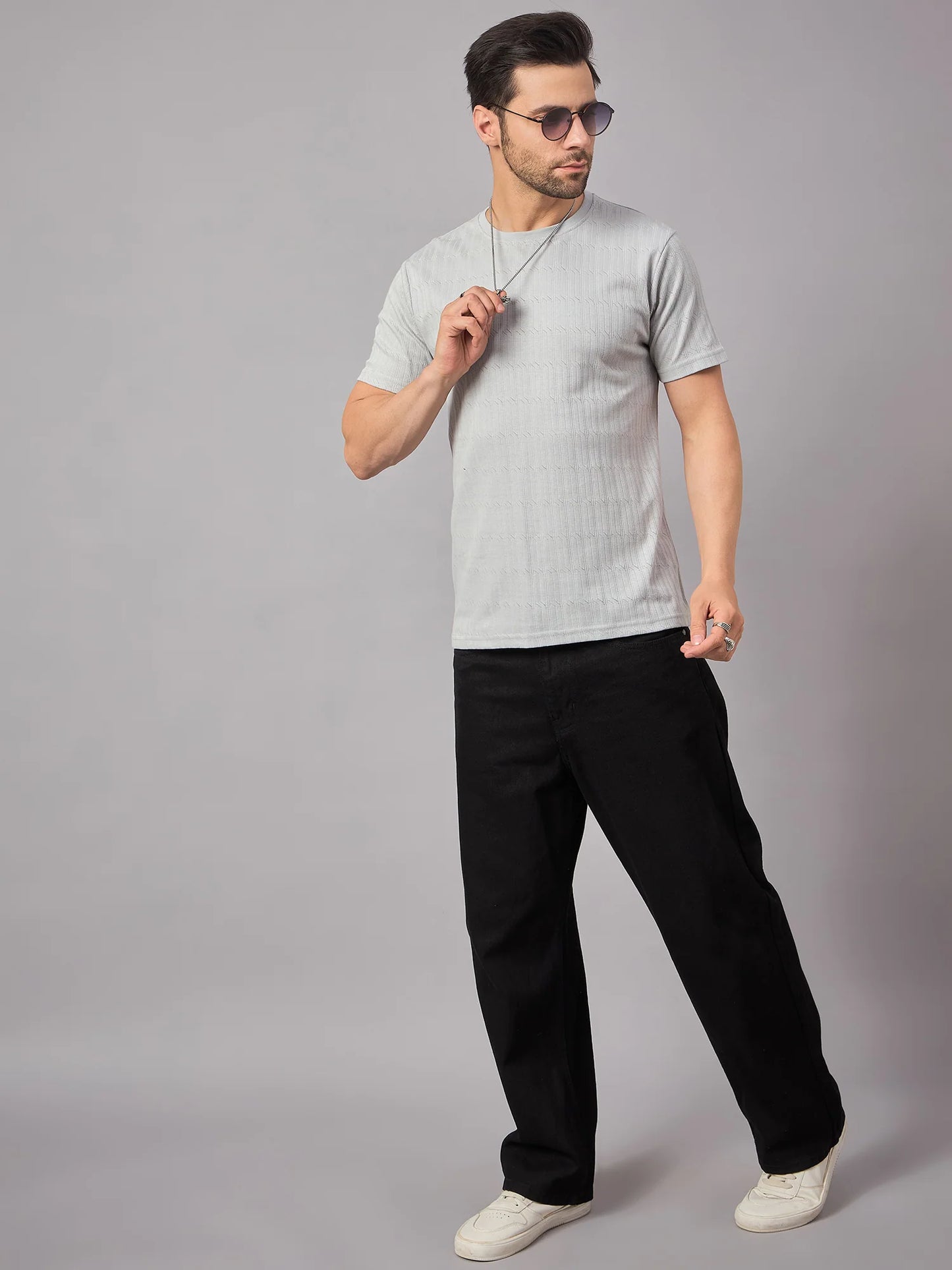 Men Textured Crew Neck T-shirt Light Grey