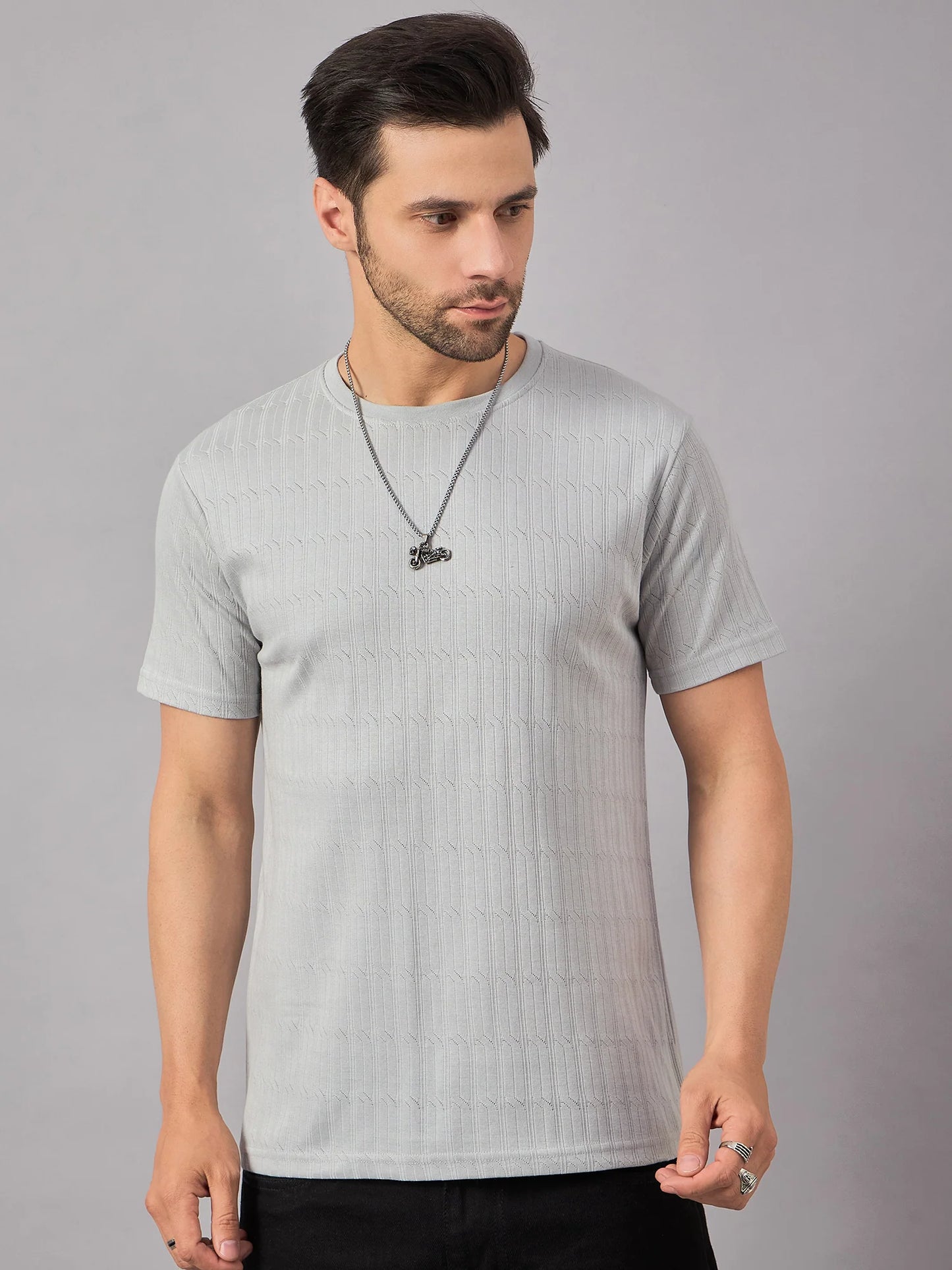 Men Textured Crew Neck T-shirt Light Grey