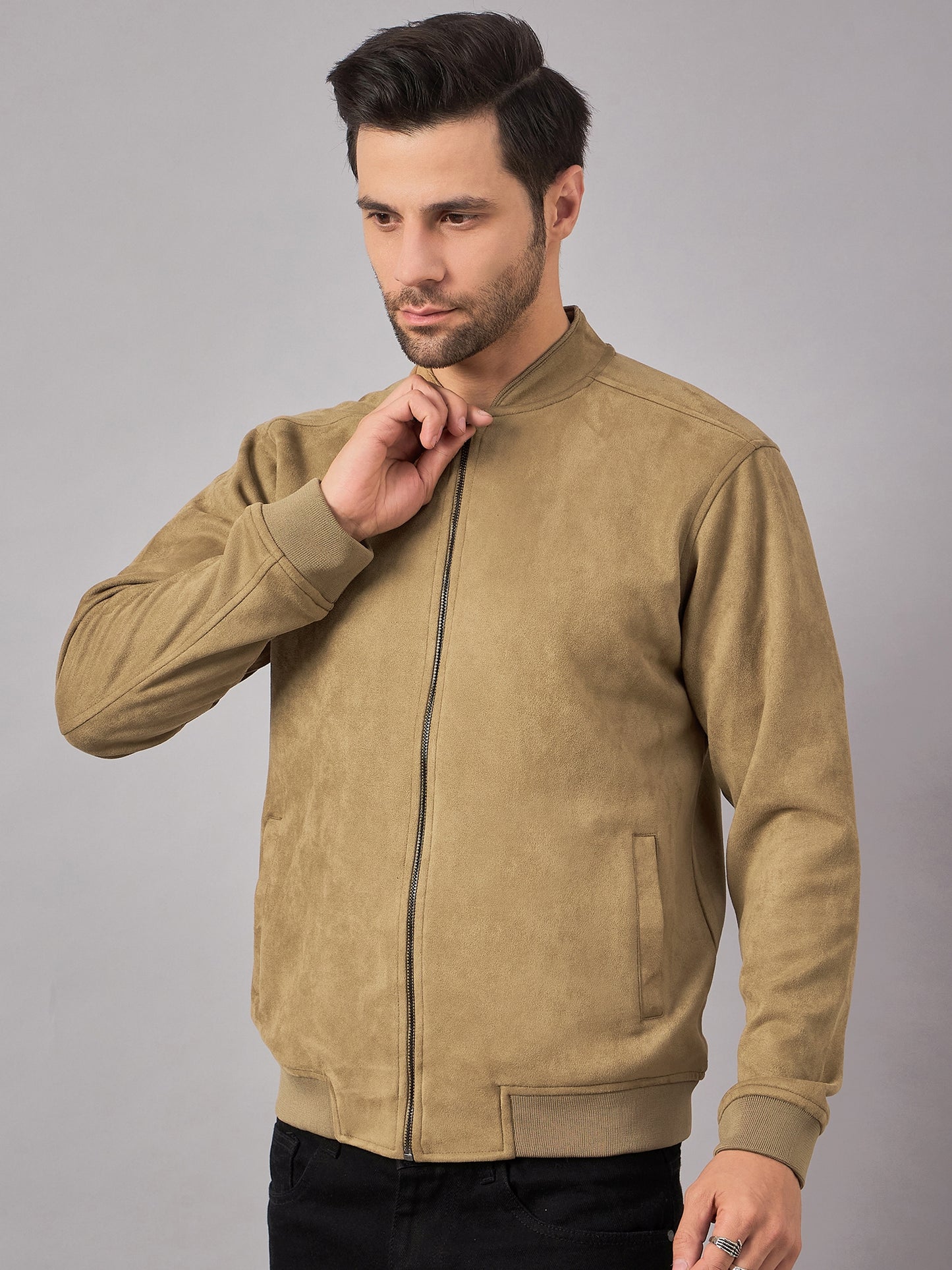 Stand Collar Bomber Suede Jacket Tan - Reprise
