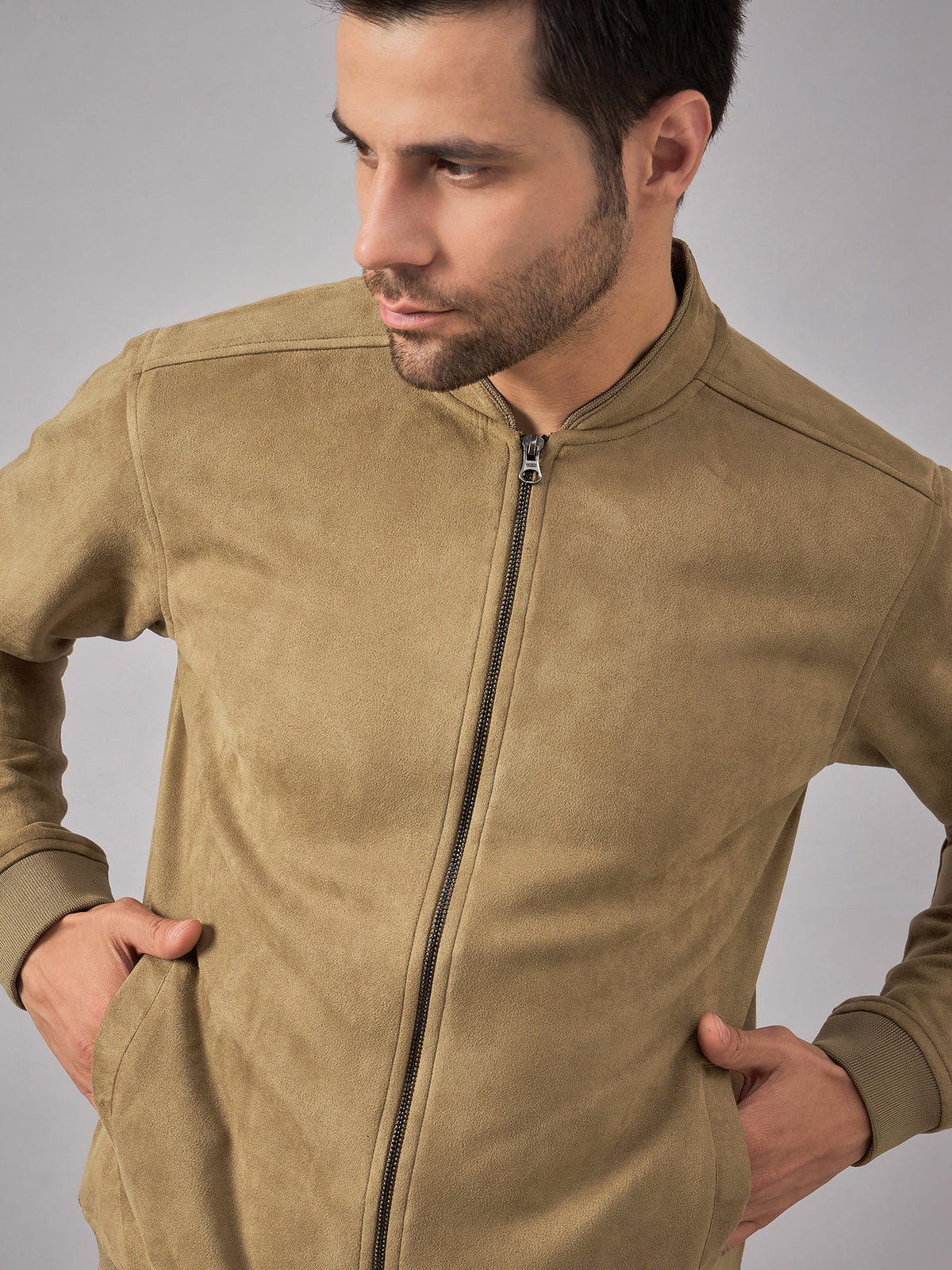 Stand Collar Bomber Suede Jacket Tan - Reprise