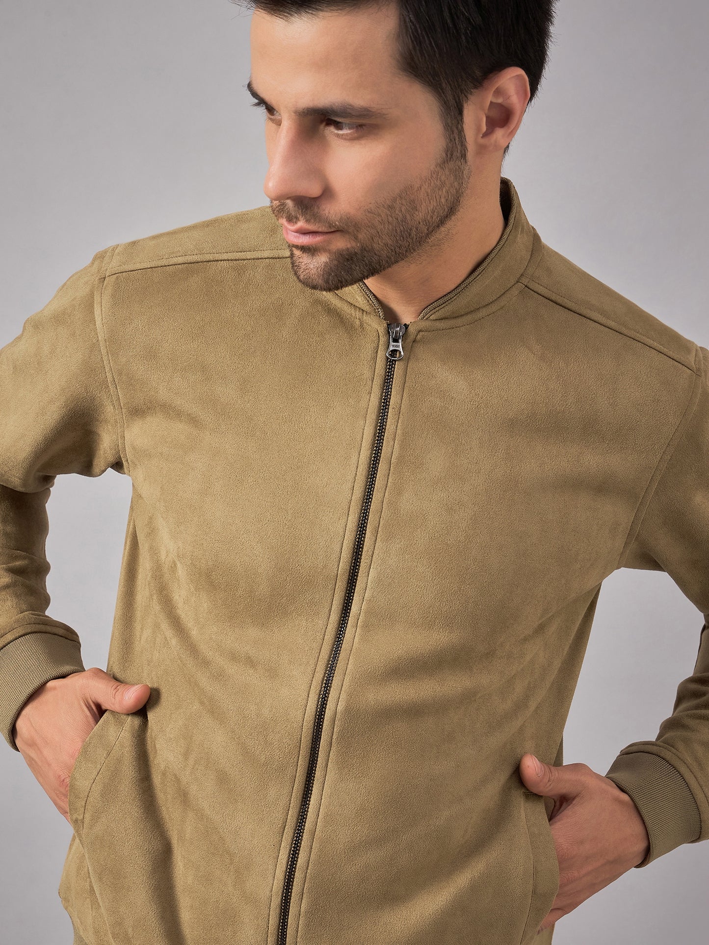 Stand Collar Bomber Suede Jacket Tan - Reprise