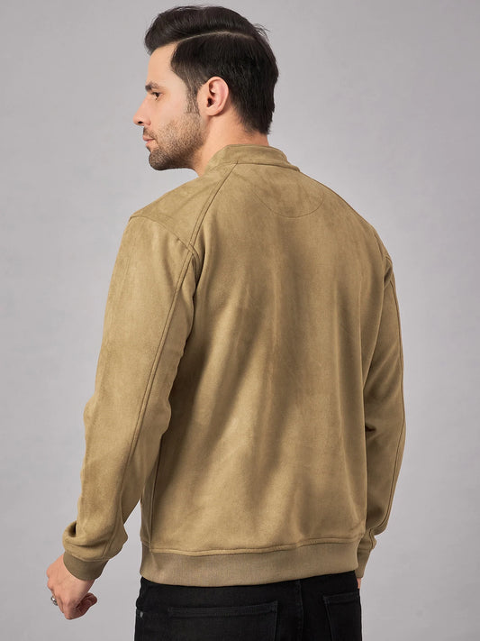 Men Stand Collar Bomber Suede Jacket Tan - Reprise