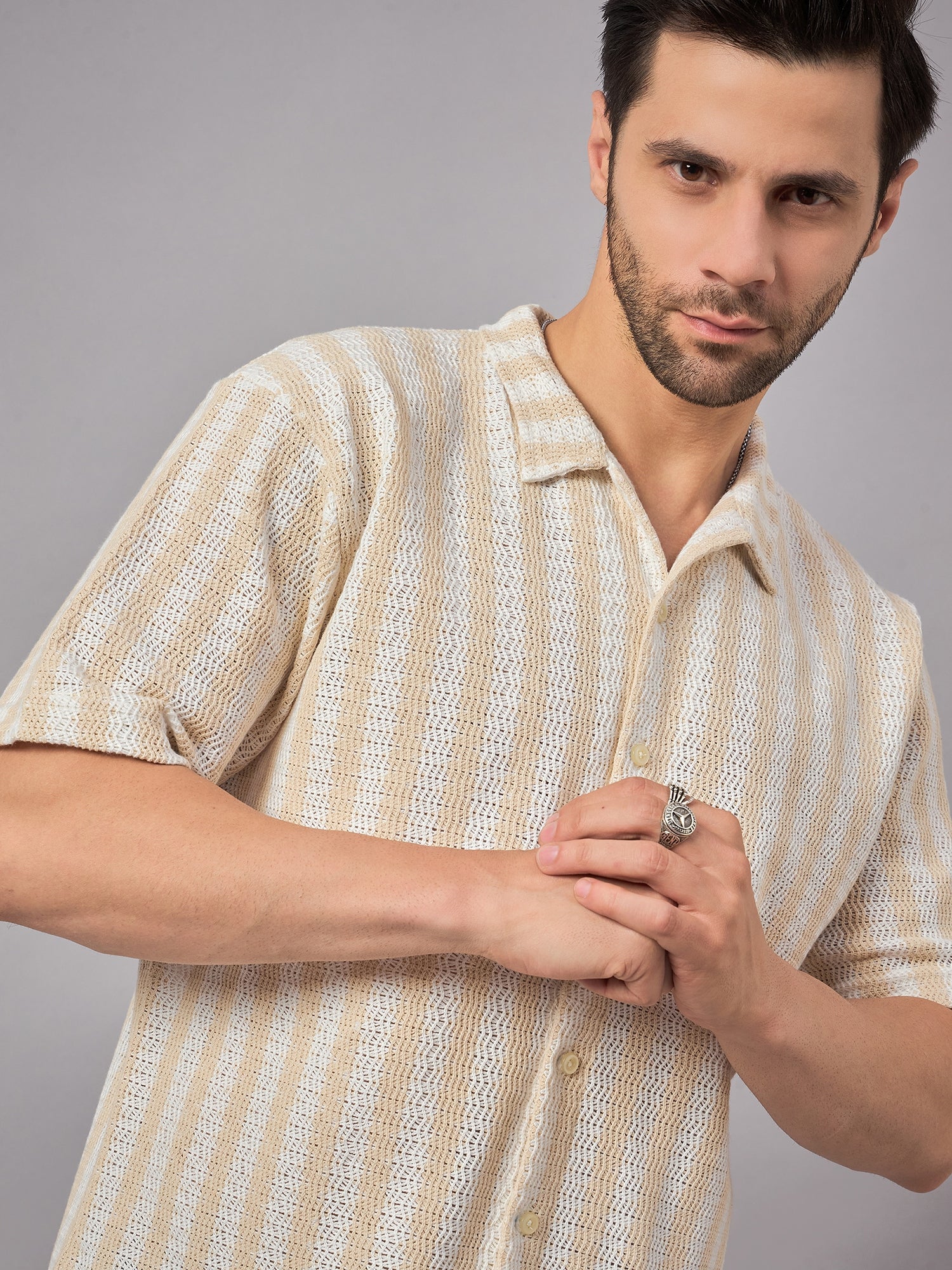 Grey & White Stripe Shirt Beige - Reprise