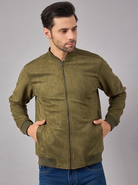 Olive Suede Jacket With Stand Collar