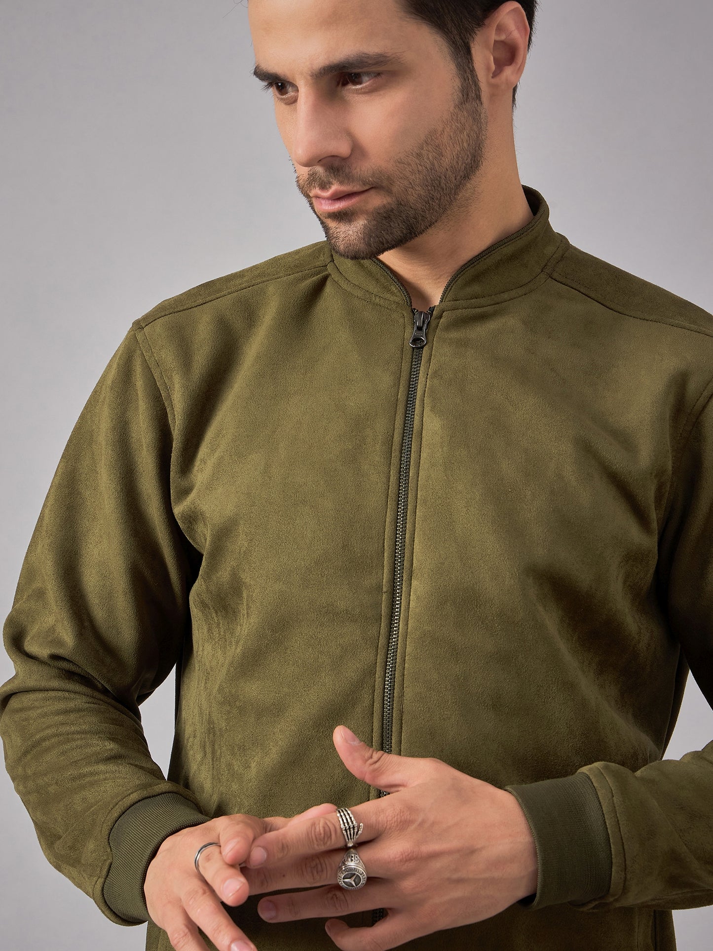 Olive Suede Jacket With Stand Collar