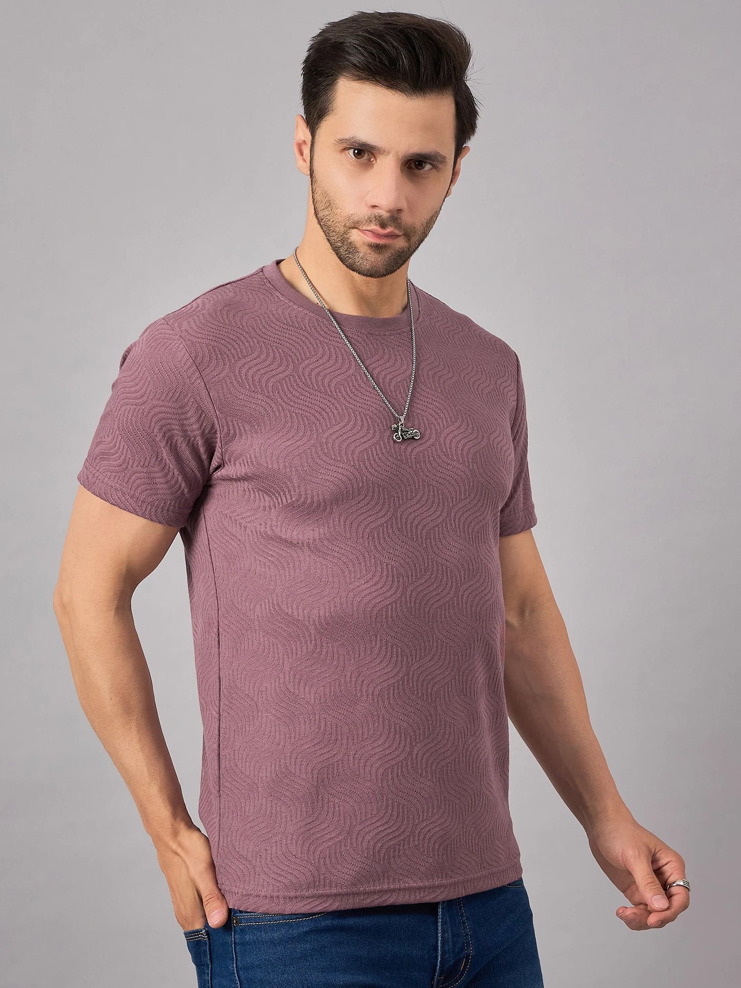 Men Textured Crew Neck T-shirt Mauve - Reprise