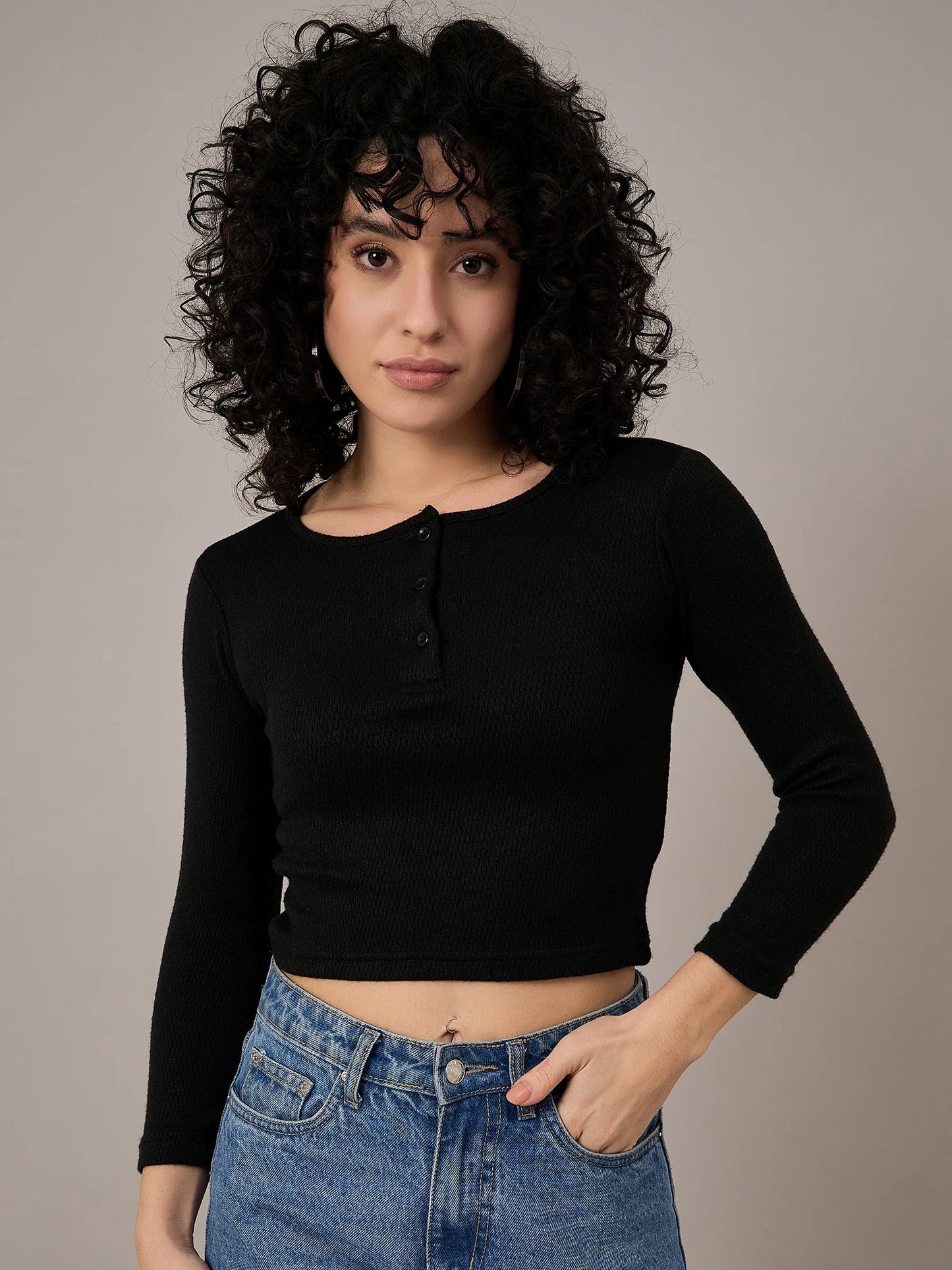 Women Black Henley Top - Reprise