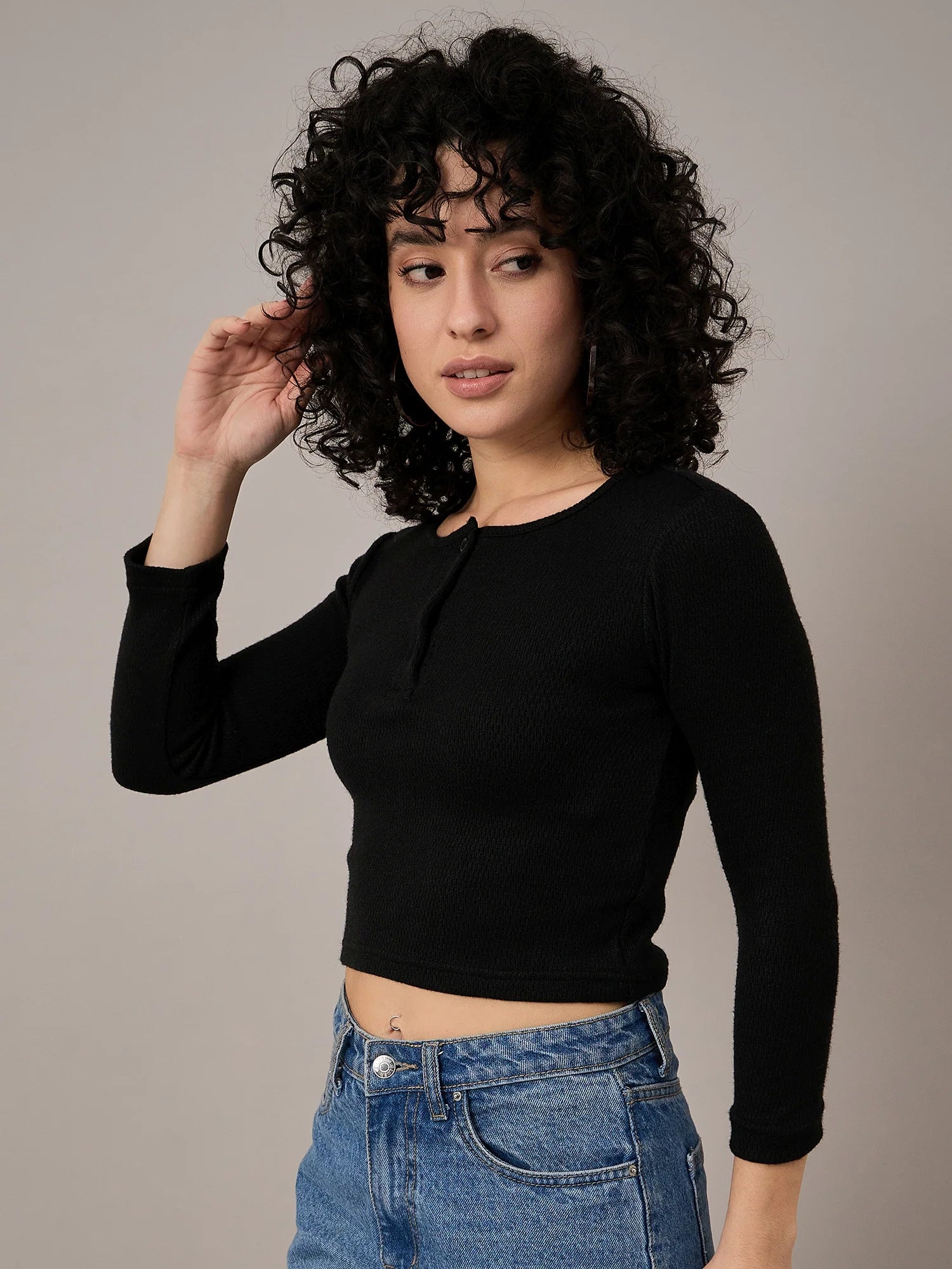 Women Black Henley Top - Reprise