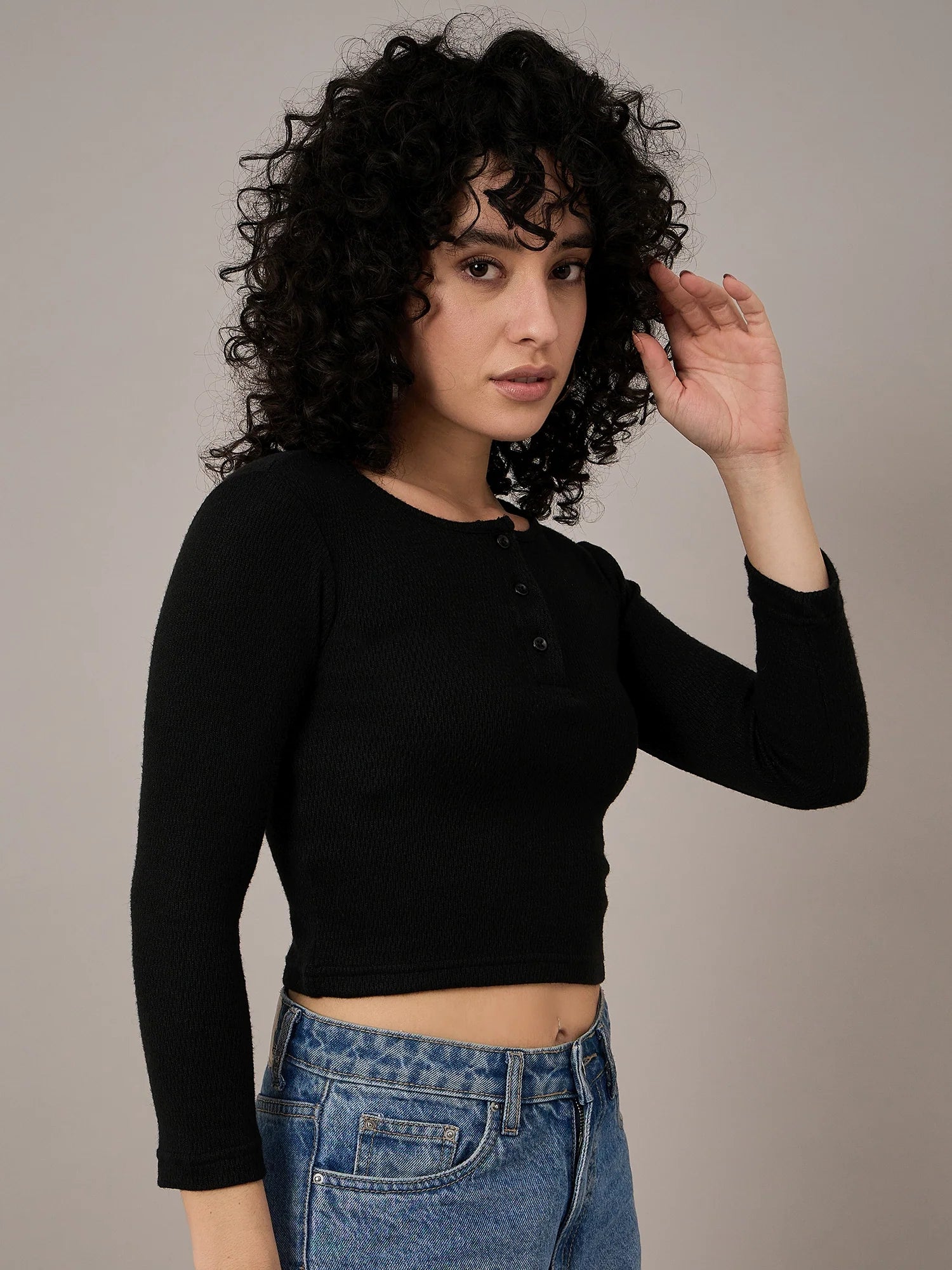 Women Black Henley Top - Reprise