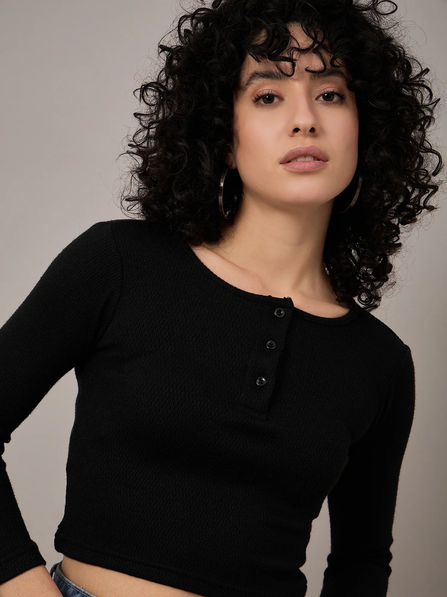 Women Black Henley Top - Reprise