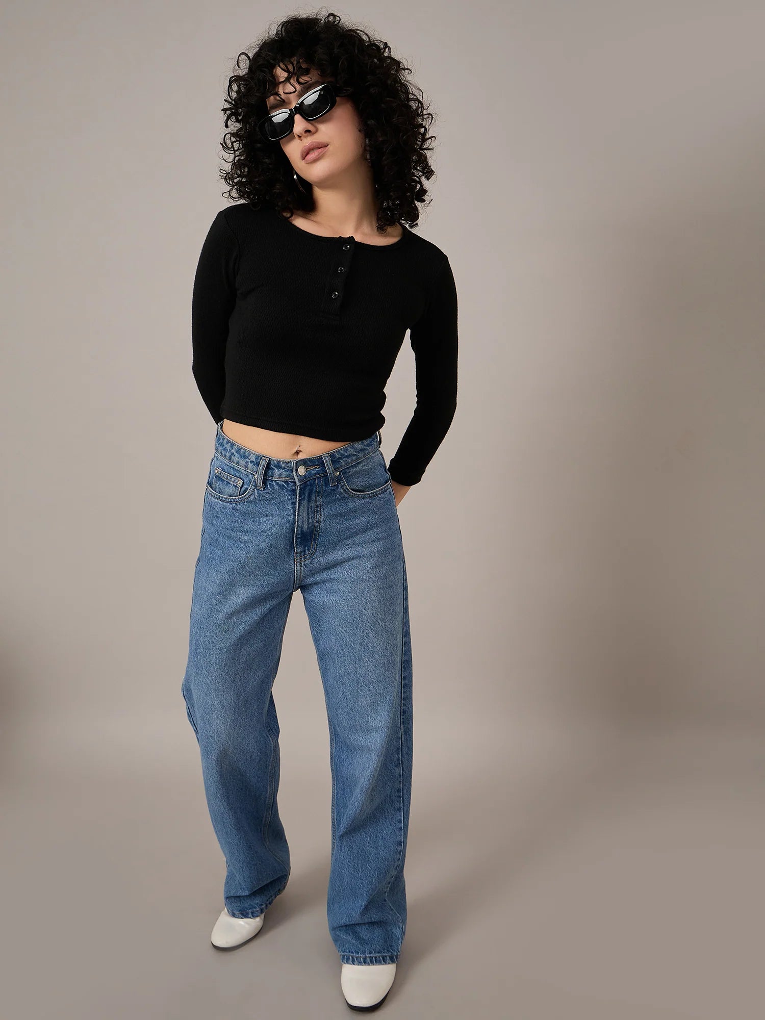 Women Black Henley Top - Reprise