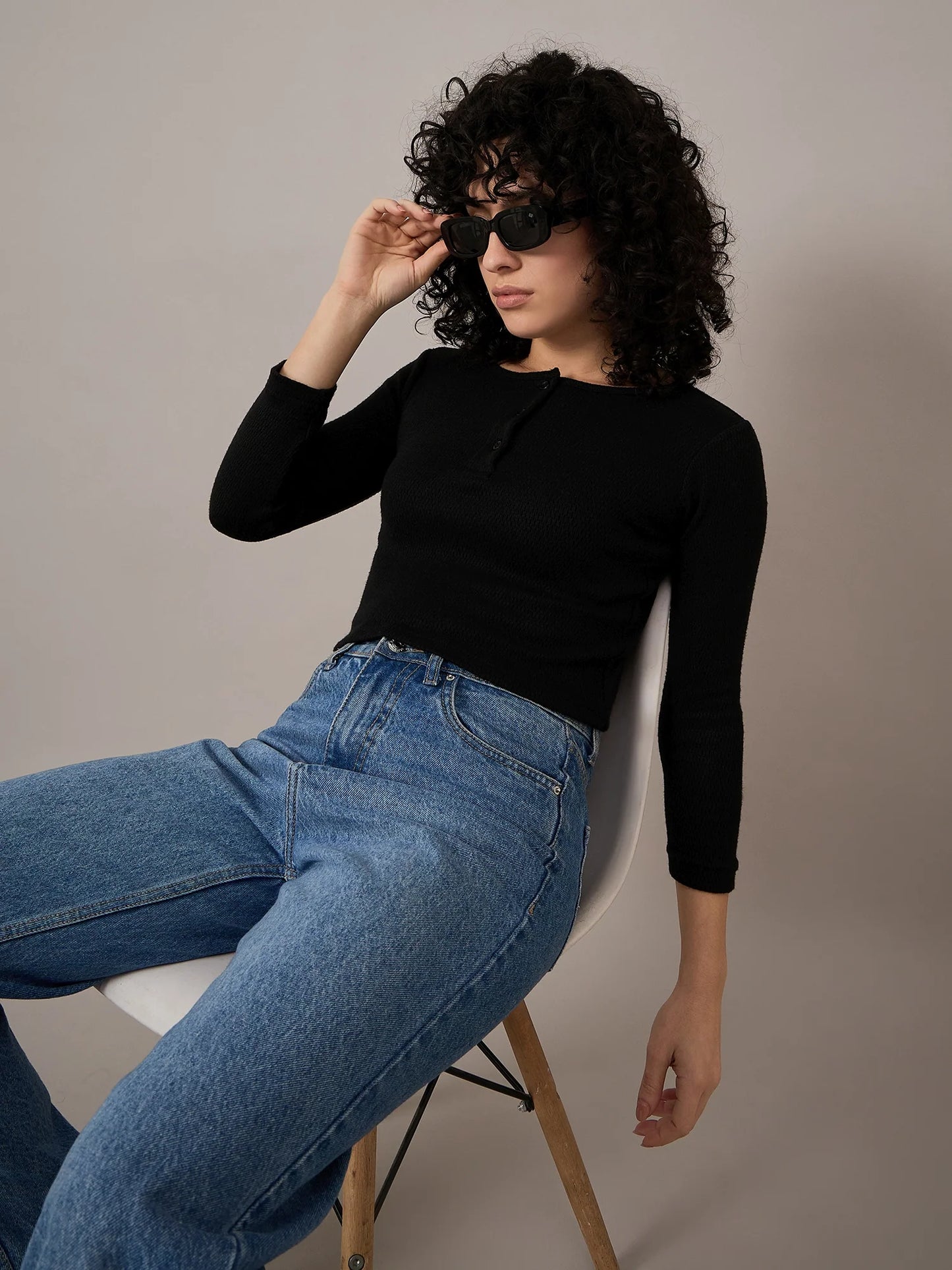 Women Black Henley Top - Reprise