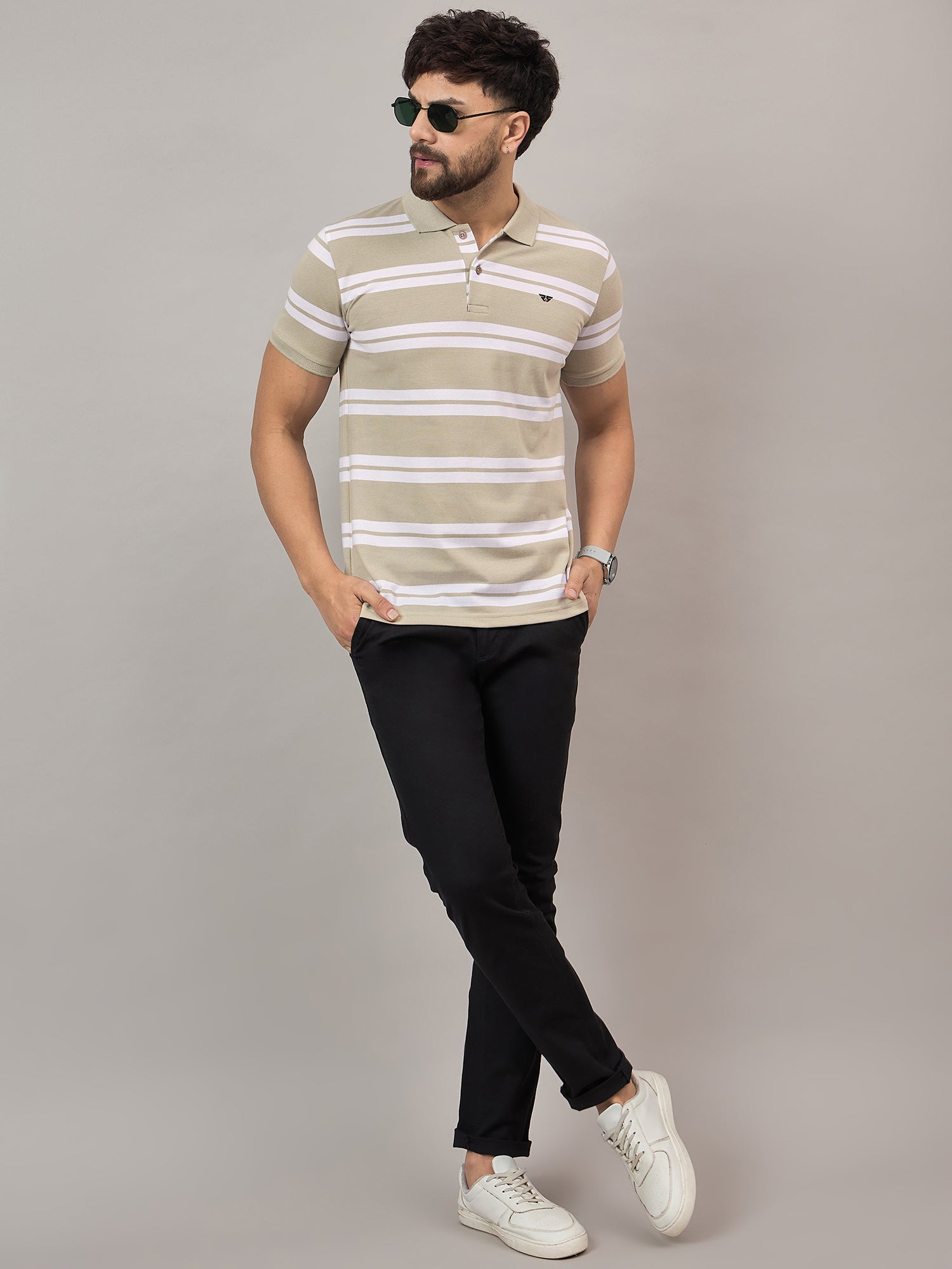 Beige Striped Polo T-Shirt
