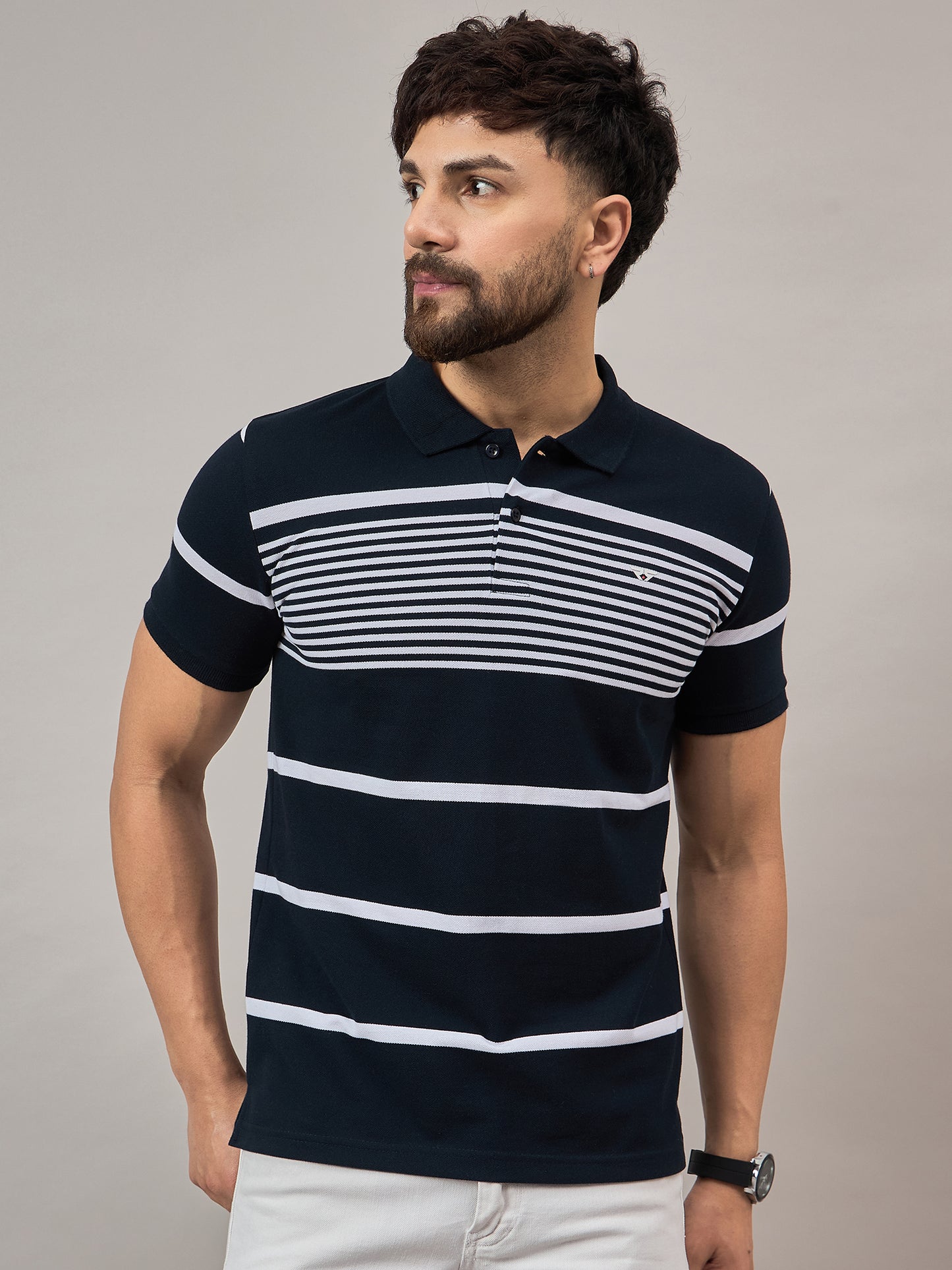 Navy Striped Polo T-Shirt