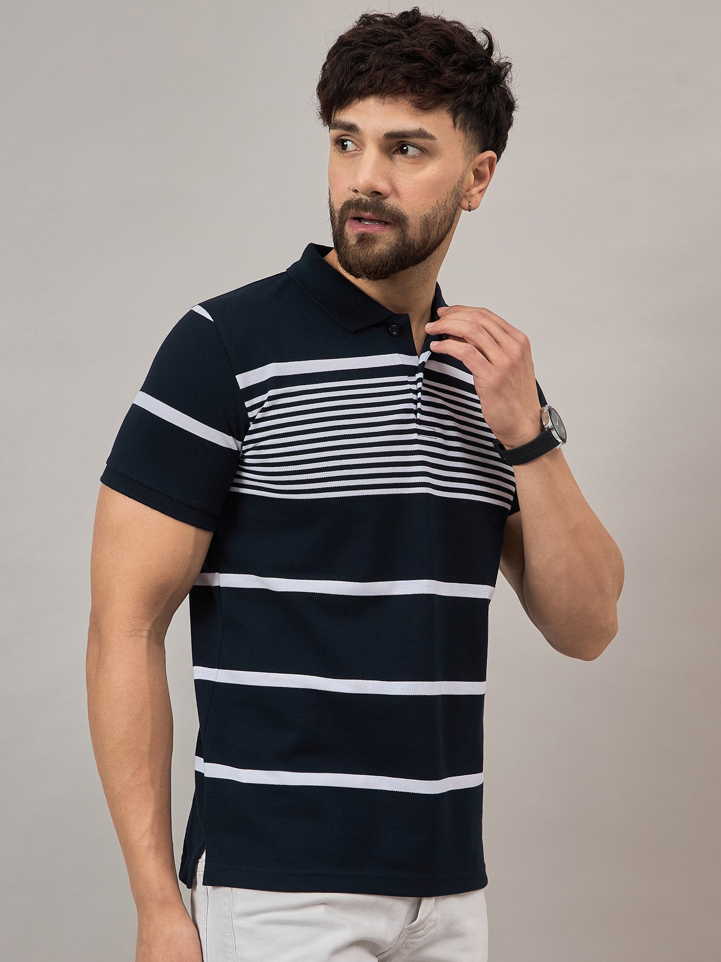 Navy Striped Polo T-Shirt