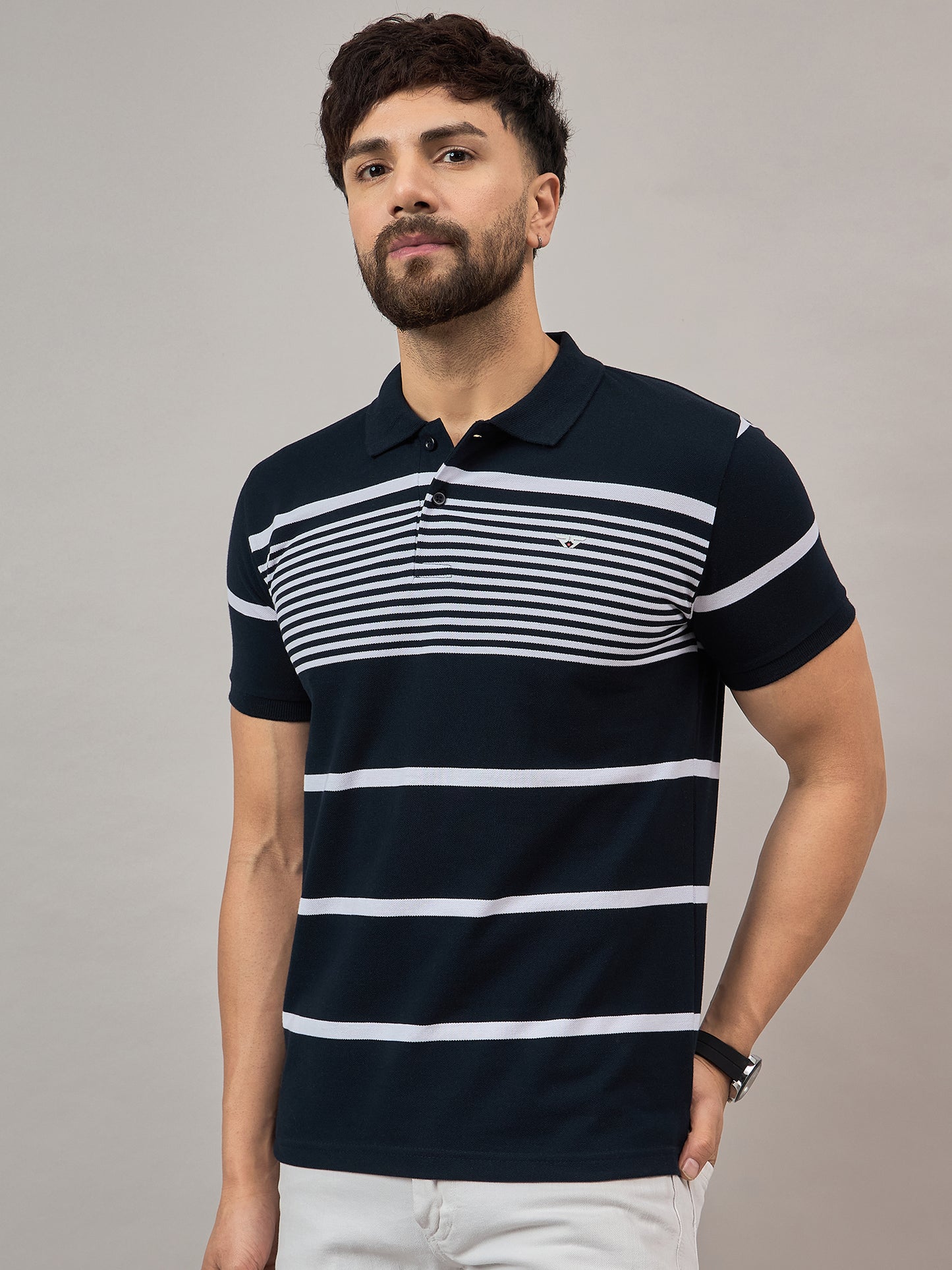 Navy Striped Polo T-Shirt