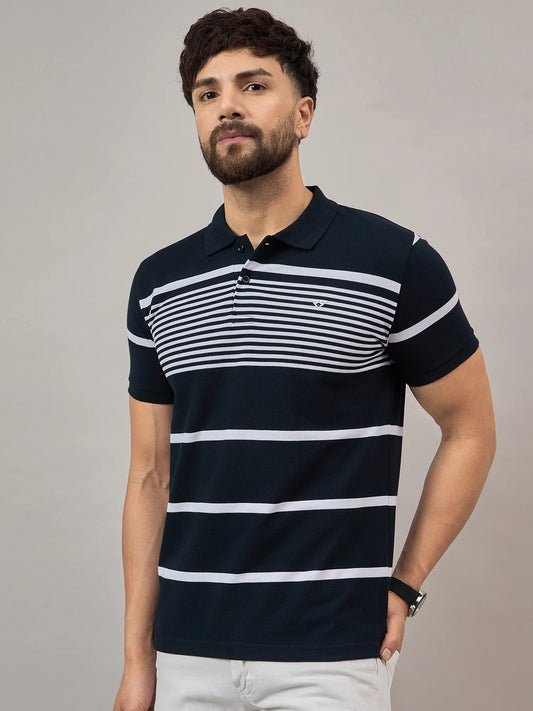 Men Navy Striped Polo T-Shirt Black