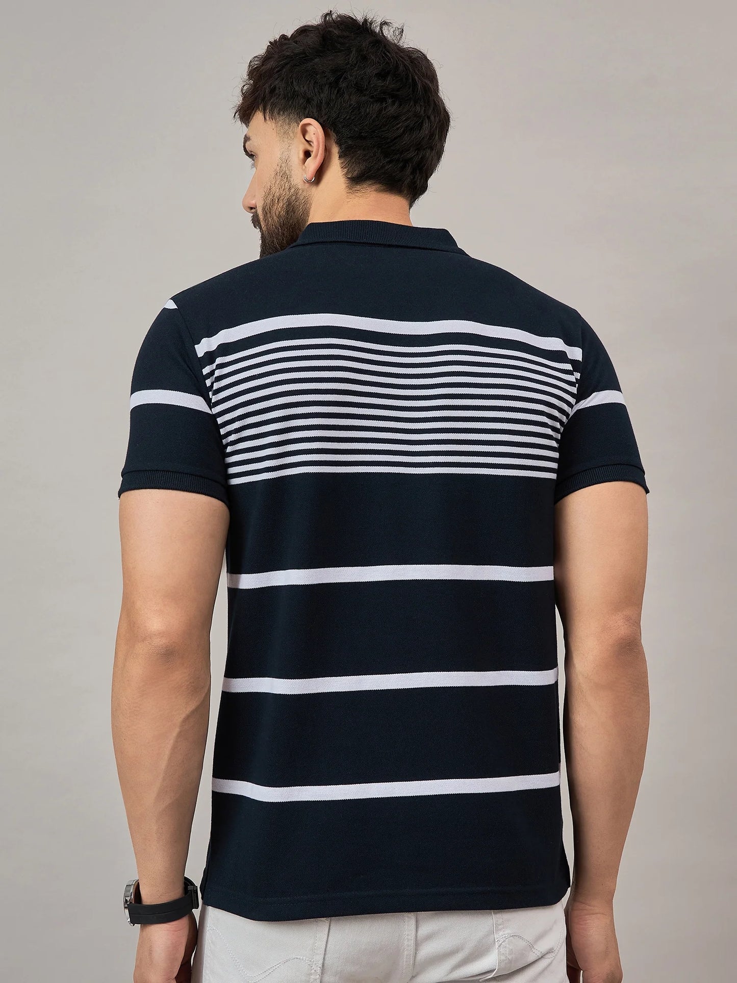 Men Navy Striped Polo T-Shirt Black